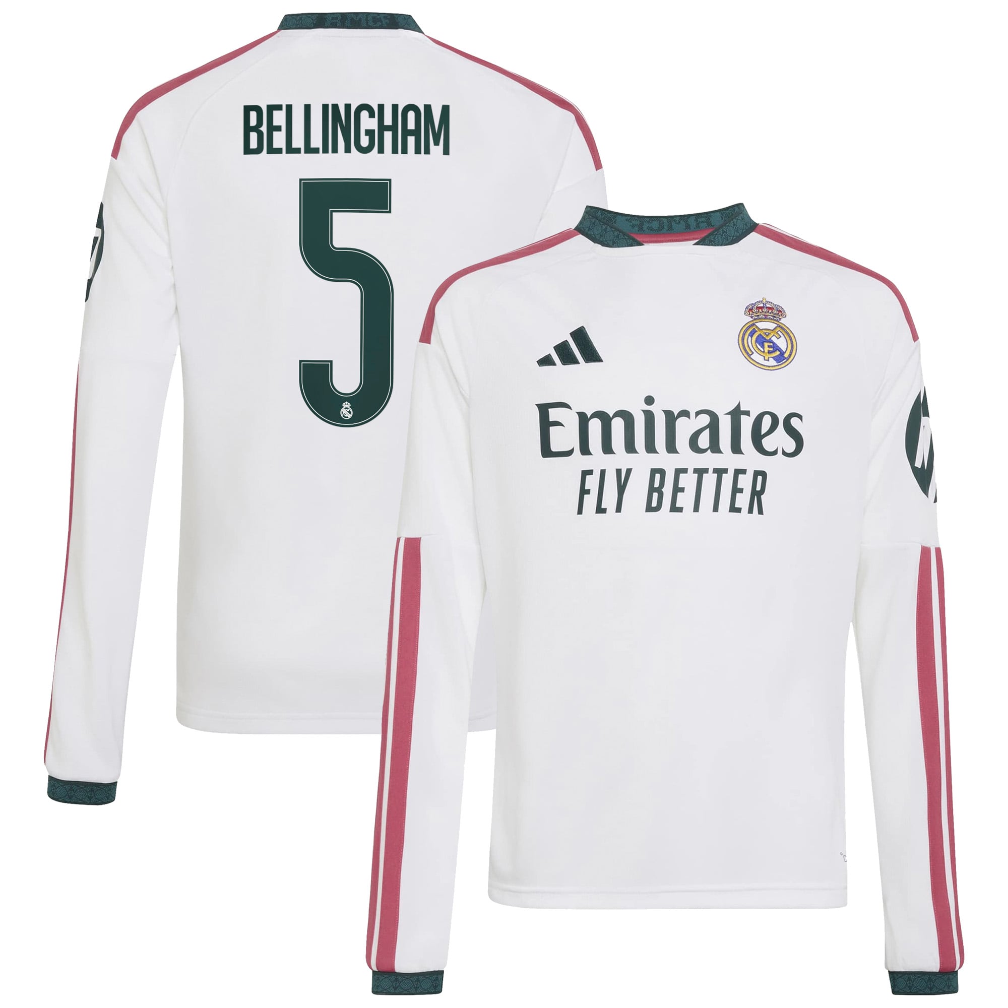 Maillot domicile réplique manches longues blanc Jude Bellingham Real Madrid 2026/27 adidas pour enfant