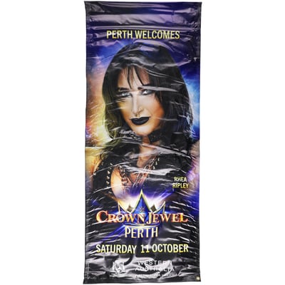 Rhea Ripley Event-Used 36" x 72" 2025 Crown Jewel Street Banner - Hung in Downtown Perth