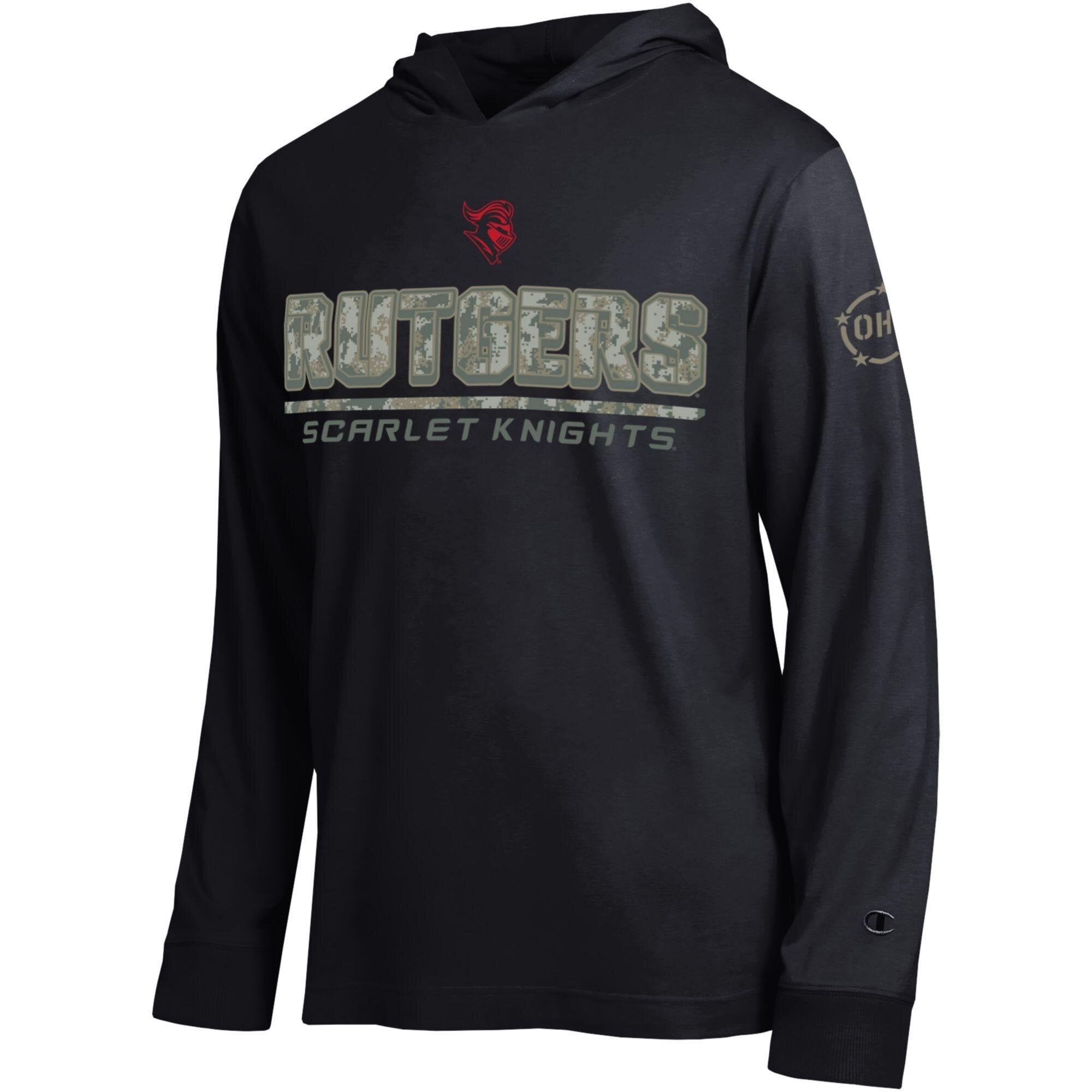 T-shirt à manches longues et capuche Champion Black Rutgers Scarlet Knights Operation Hat Trick Camo Script pour homme