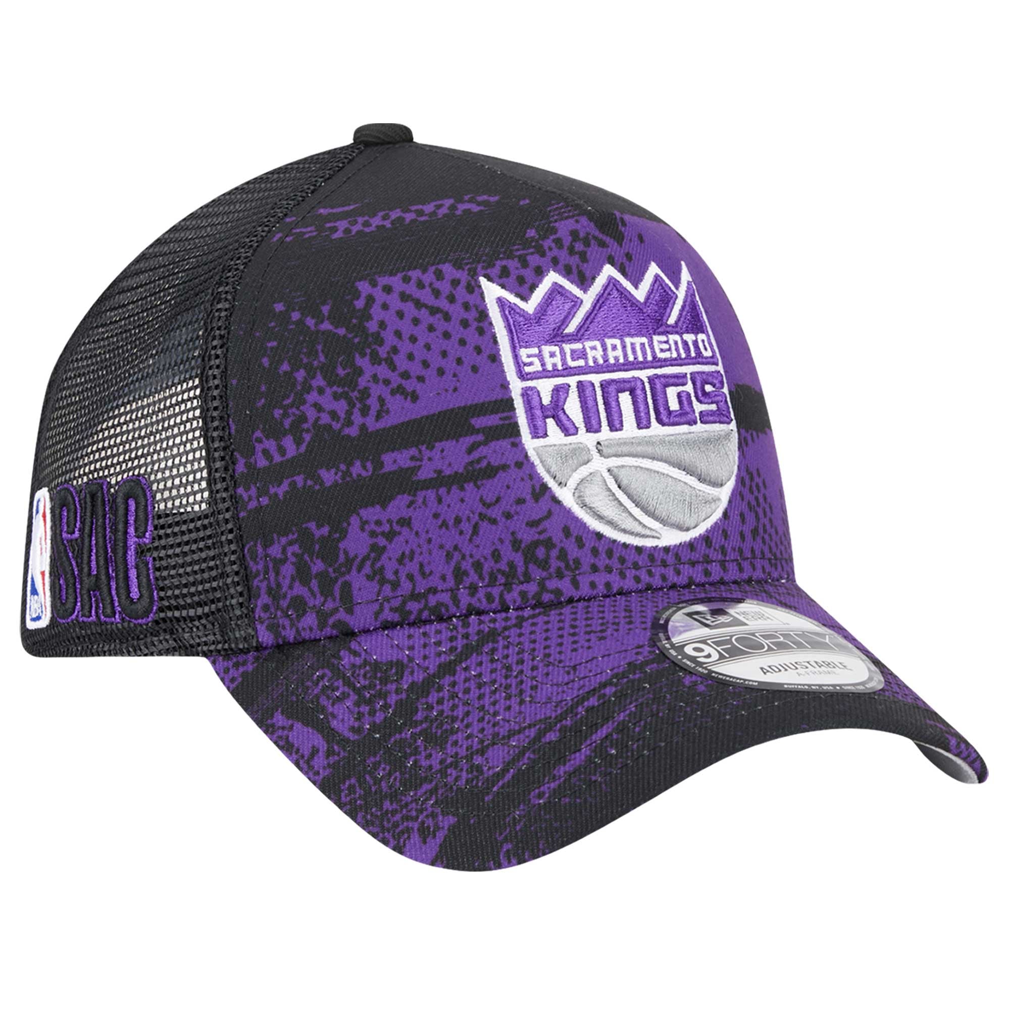 Men's Sacramento Kings New Era Black/Purple Tip Off A-Frame Trucker 9FORTY Adjustable Hat