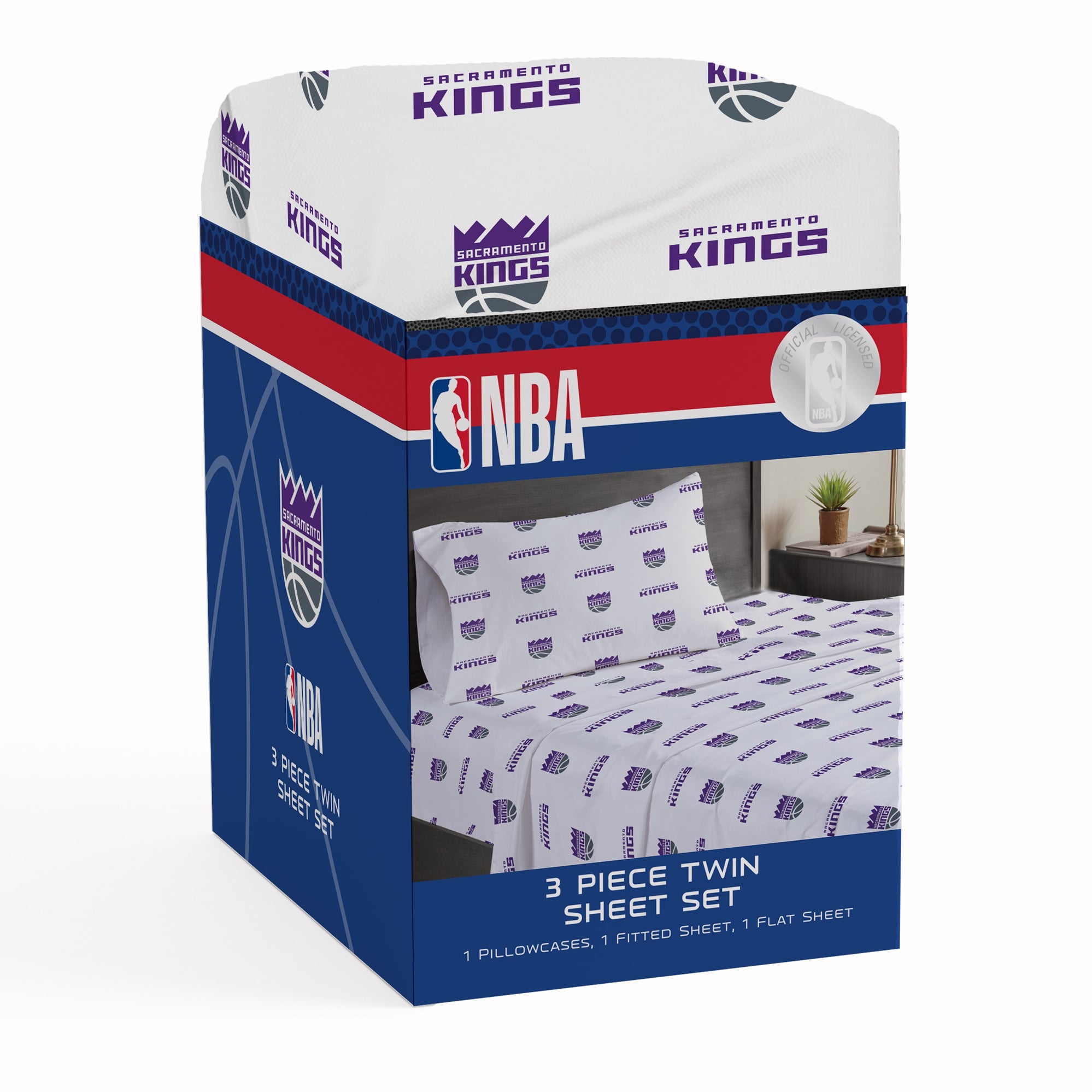 Ensemble de draps trois pièces Pegasus Sacramento Kings pour lit simple