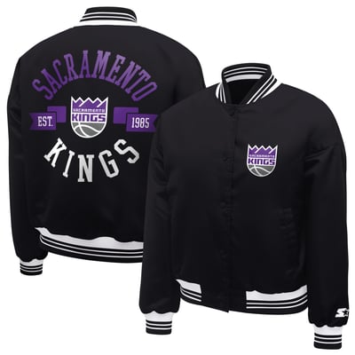  Sacramento Kings Starter Women's Printed Logo Cropped Satin Varsity Full-Snap Jacket - Black