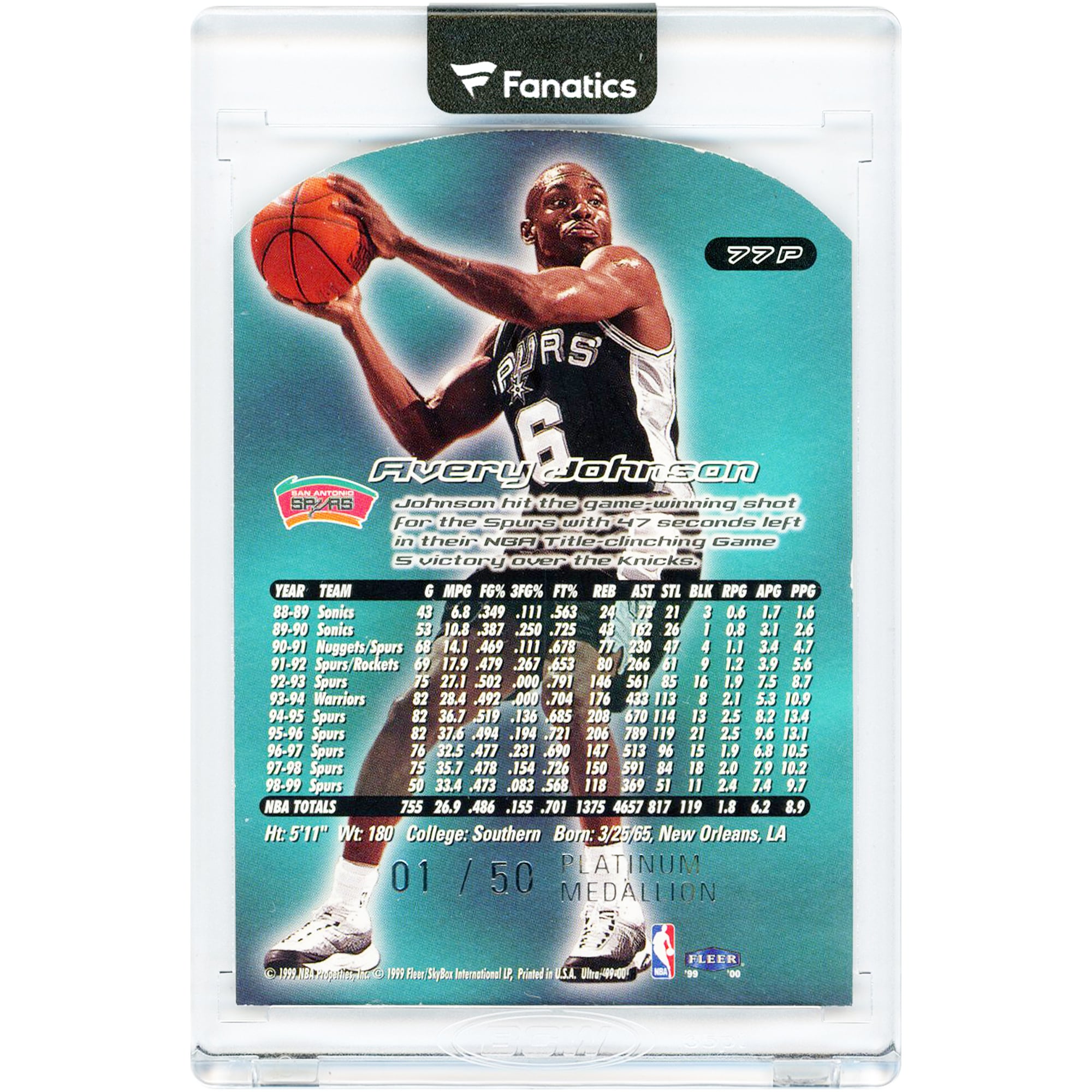 Carte Avery Johnson San Antonio Spurs 1999 Fleer Ultra #77P #1/50