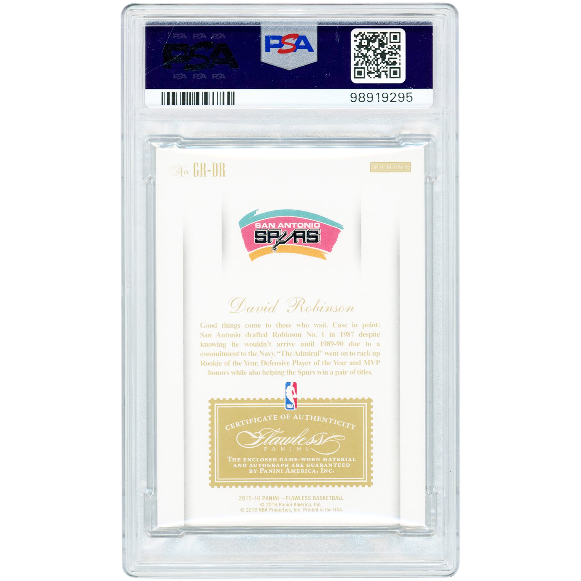 Carte autographiée de David Robinson (San Antonio Spurs) - Saison 2015-2016 - Panini Flawless Sapphire Greats Dual 3 Color Game Used Relics #GR-DR #9/10 - Authentifiée PSA 9/10
