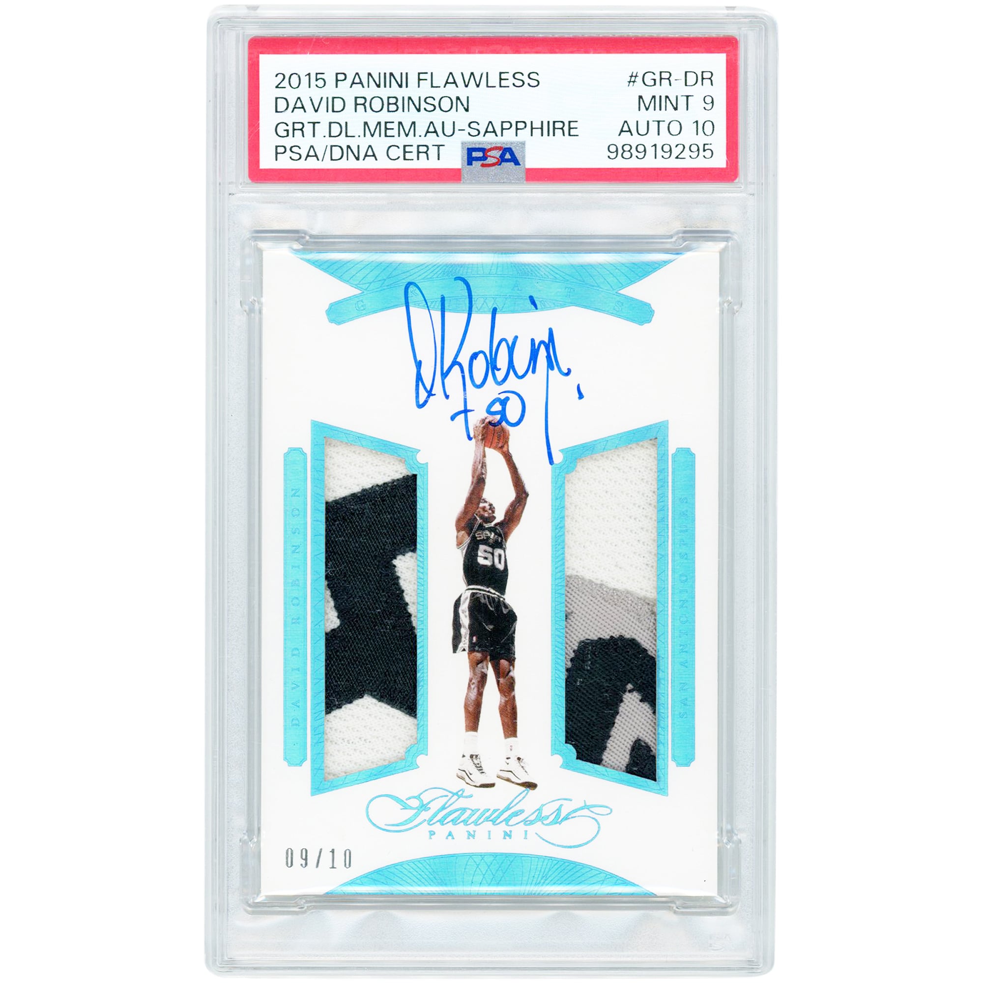 David Robinson San Antonio Spurs Autographed 2015-16 Panini Flawless Sapphire Greats Dual 3 Color Game Used Relics #GR-DR #9/10 PSA Authenticated 9/10 Card