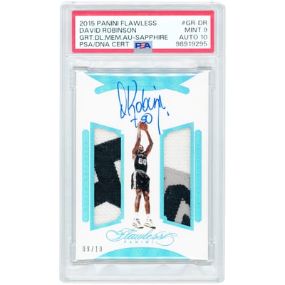 David Robinson San Antonio Spurs Autographed 2015-16 Panini Flawless Sapphire Greats Dual 3 Color Game Used Relics #GR-DR #9/10 PSA Authenticated 9/10 Card