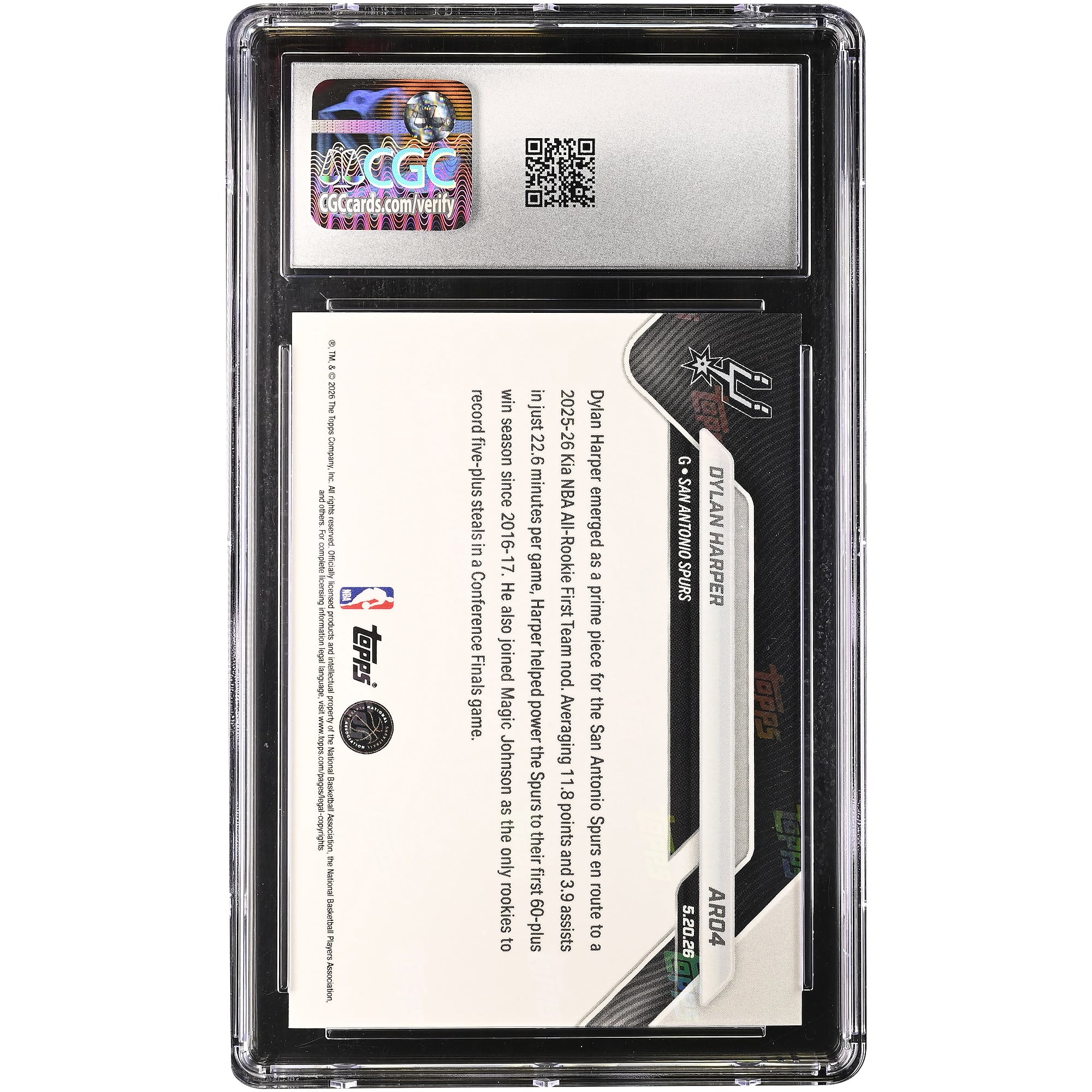 Carte de recrue Dylan Harper, San Antonio Spurs, saison 2025-26, Topps Now 2025-26 KIA, sélectionnée dans la première équipe des recrues NBA, n° AR04, authentifiée CGC, état neuf (GEM MINT 10).