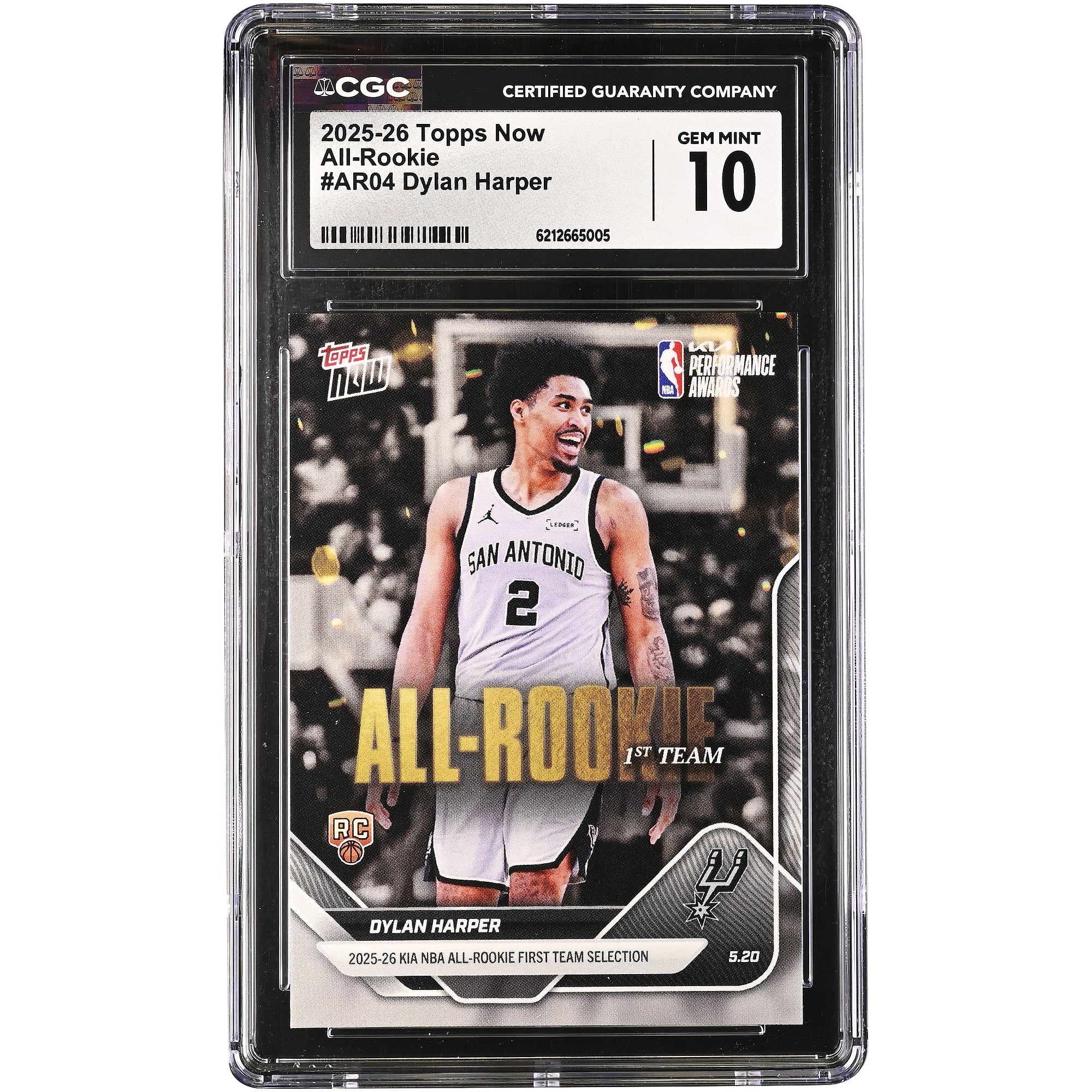 Carte de recrue Dylan Harper, San Antonio Spurs, saison 2025-26, Topps Now 2025-26 KIA, sélectionnée dans la première équipe des recrues NBA, n° AR04, authentifiée CGC, état neuf (GEM MINT 10).