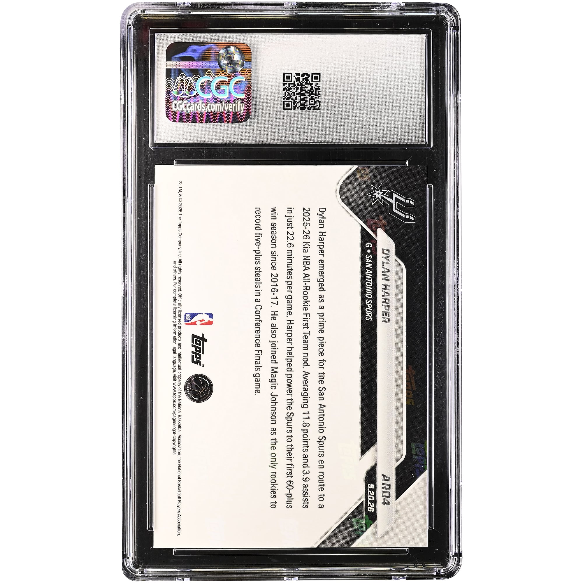Carte de recrue Dylan Harper, San Antonio Spurs, saison 2025-26, Topps Now 2025-26 KIA, sélectionnée dans la première équipe des recrues NBA (#AR04), authentifiée CGC, état neuf+ (9,5).