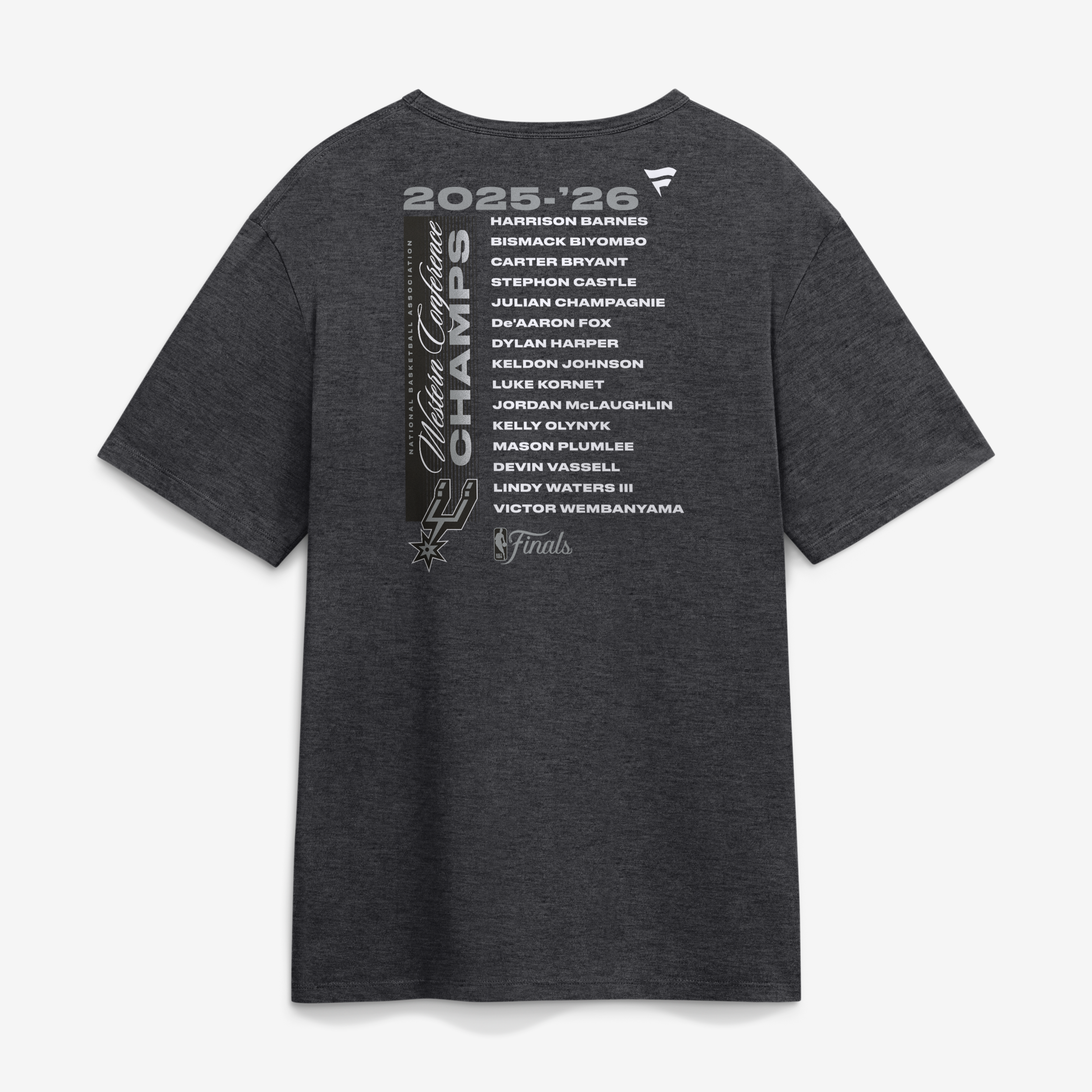 Men's Fanatics Heather Charcoal San Antonio Spurs 2026 NBA Western Conference Champions Roster T-Shirt