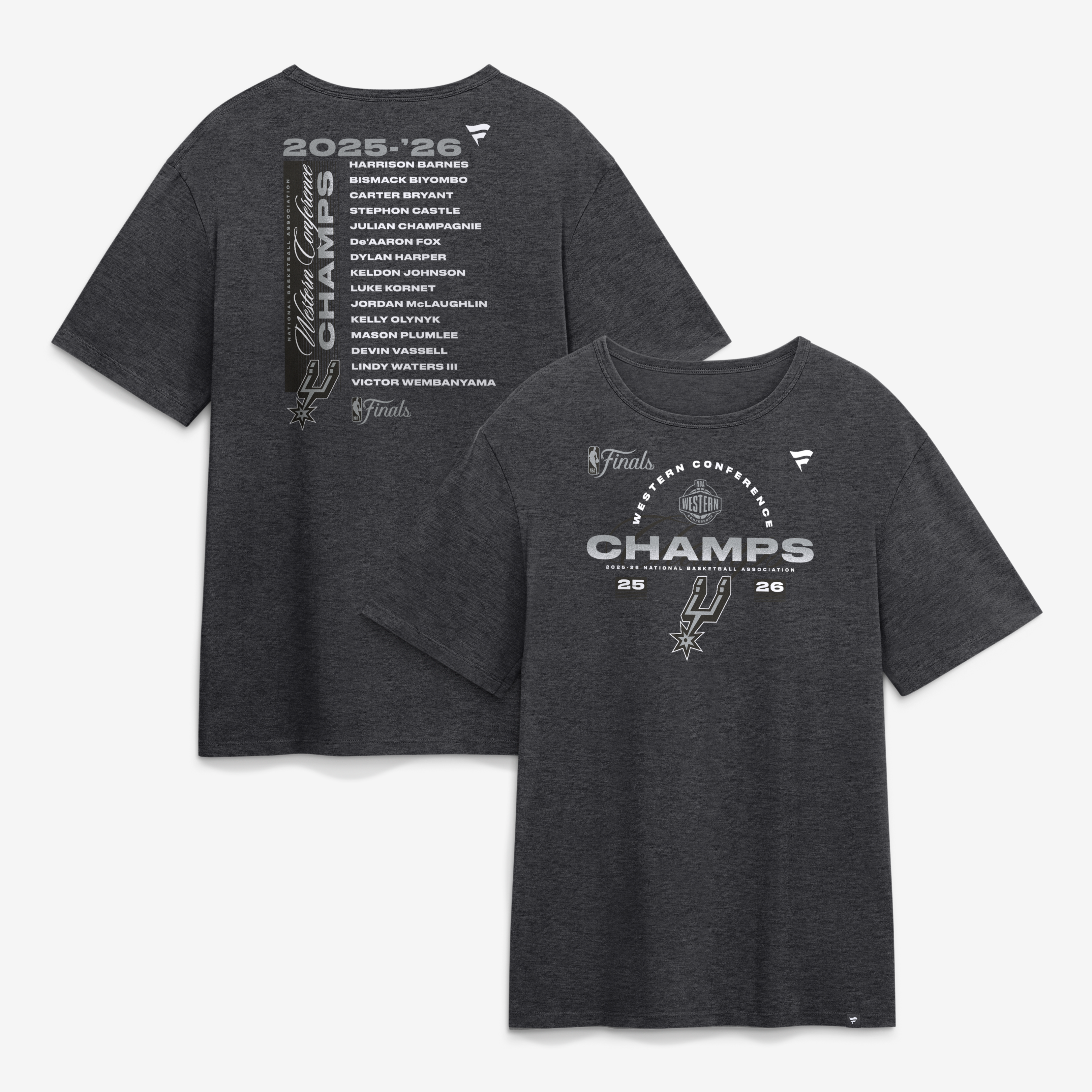 Men's Fanatics Heather Charcoal San Antonio Spurs 2026 NBA Western Conference Champions Roster T-Shirt