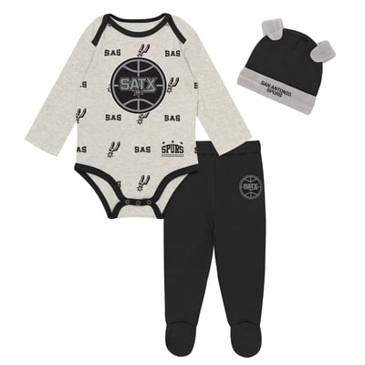 San Antonio Spurs Outerstuff Newborn & Infant Pinch Post Bodysuit, Pants & Cuffed Knit Hat Set