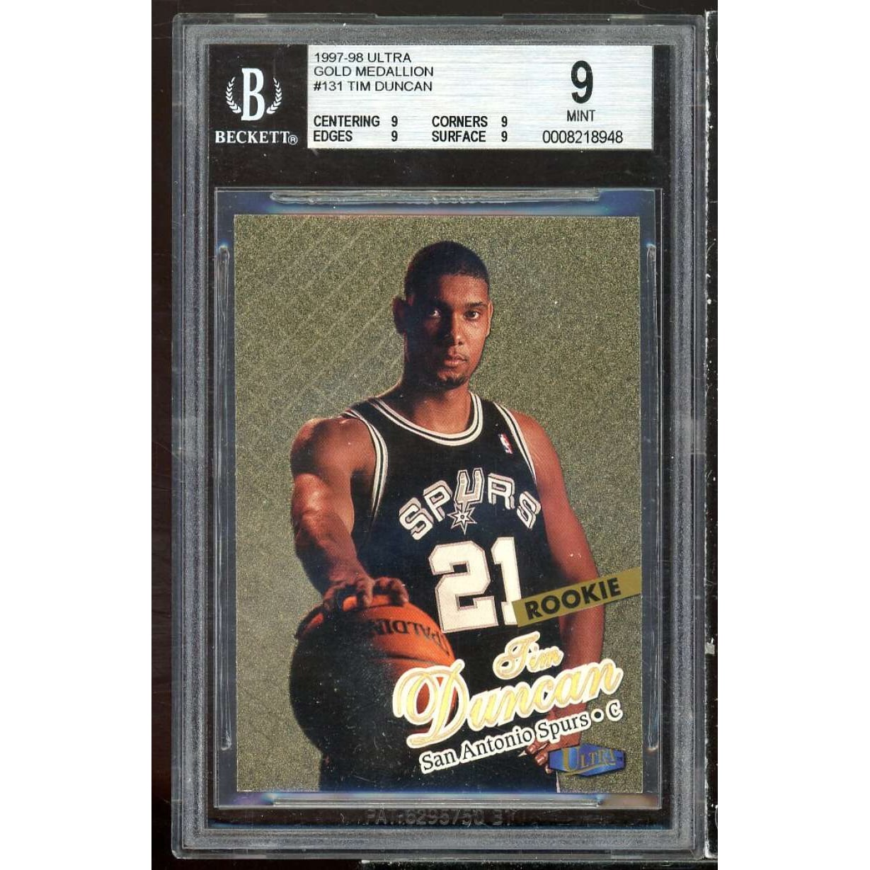 Tim Duncan Rookie Card 1997-98 Ultra Gold Medallion #131 BGS 9 (9 