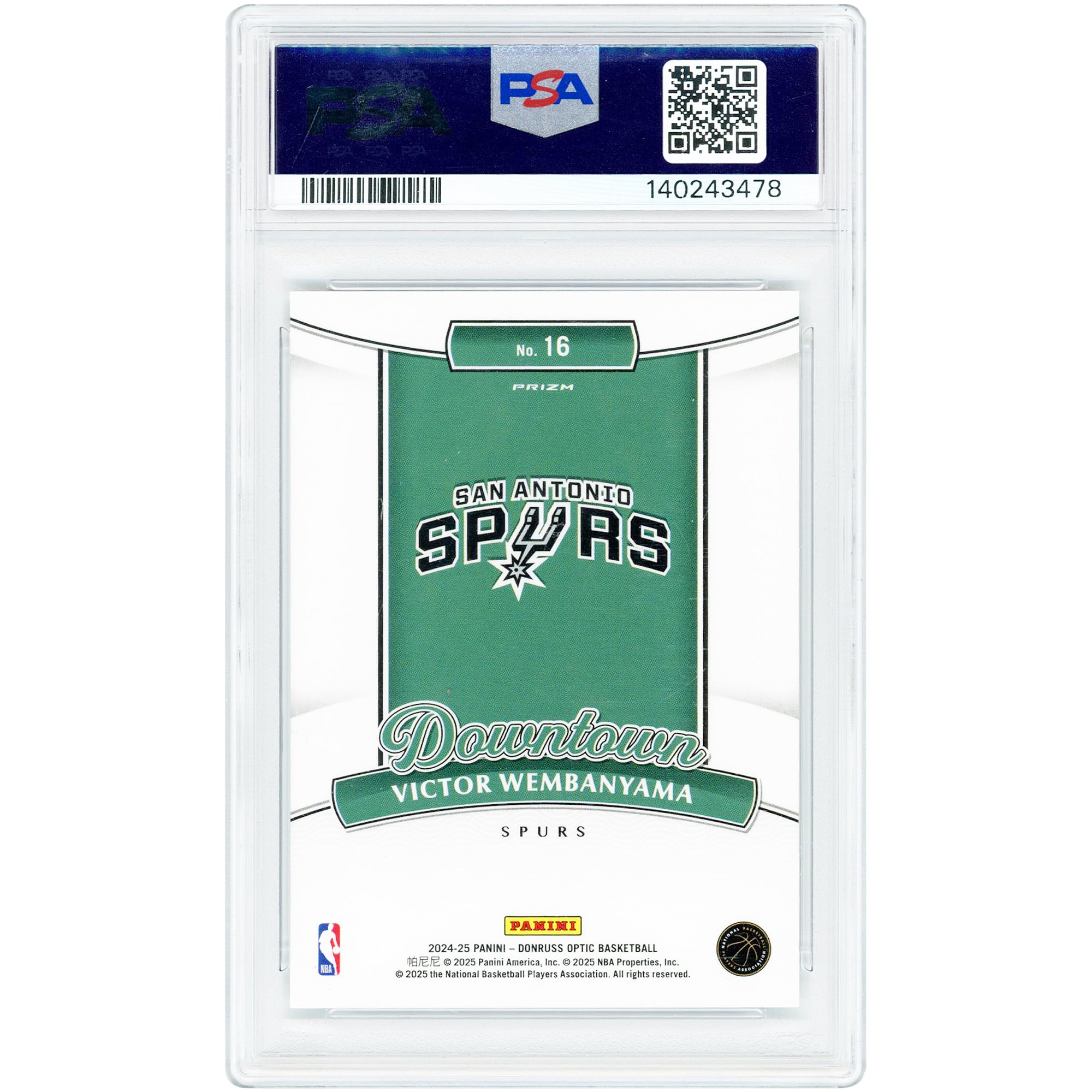 Victor Wembanyama San Antonio Spurs 2024-25 Panini Donruss Optic Downtown #16 PSA Authenticated 10 Card
