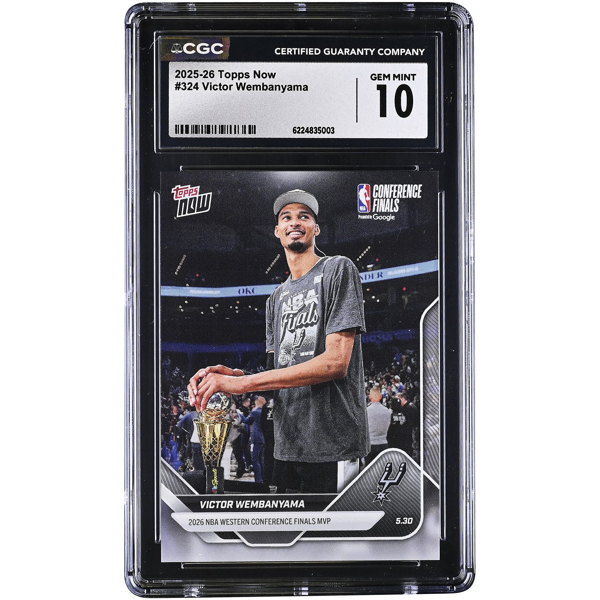 Carte Victor Wembanyama, San Antonio Spurs, saison 2025-26, Topps Now 2026, MVP de la finale de la Conférence Ouest NBA, n° 324, authentifiée CGC