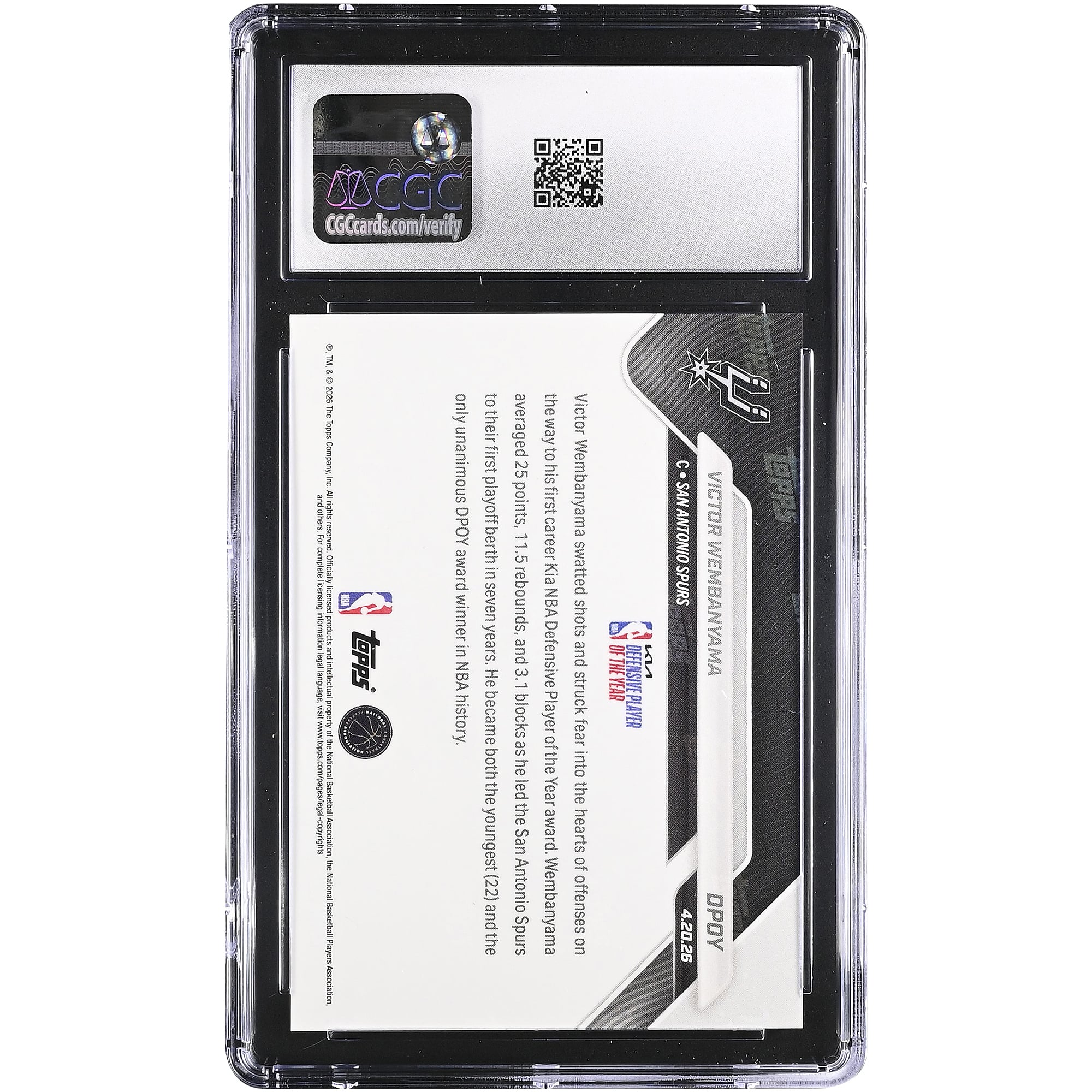 Victor Wembanyama San Antonio Spurs 2025-26 Topps Now Defensive Player of the Year #DPOY CGC Authenticated MINT+ 9.5 Card