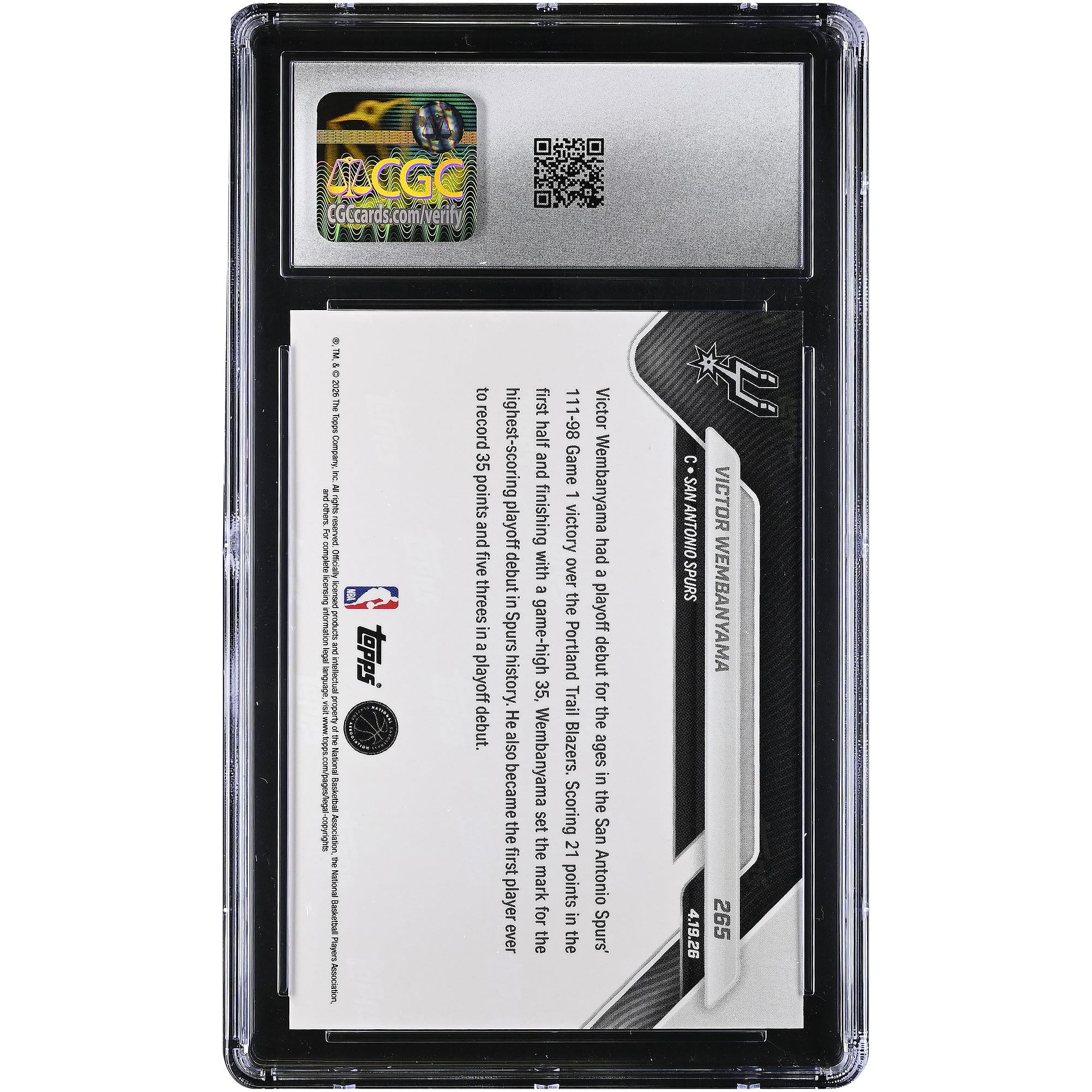 Victor Wembanyama San Antonio Spurs 2025-26 Topps Now Historic Playoff Debut Gives Spurs 1-0 Series Lead #265 CGC Authenticated GEM MINT 10 Card