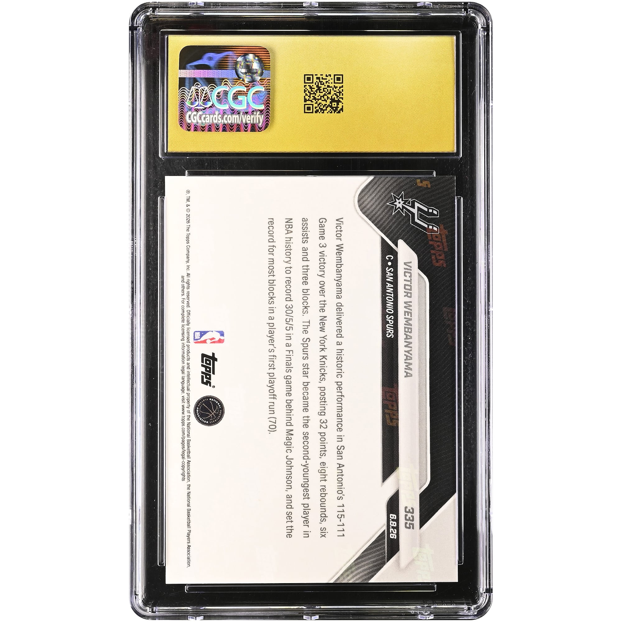 Carte Victor Wembanyama San Antonio Spurs 2025-26 Topps Now : 1re victoire en finale avec une Masterclass 30/5/5 #335 authentifiée CGC PRISTINE 10