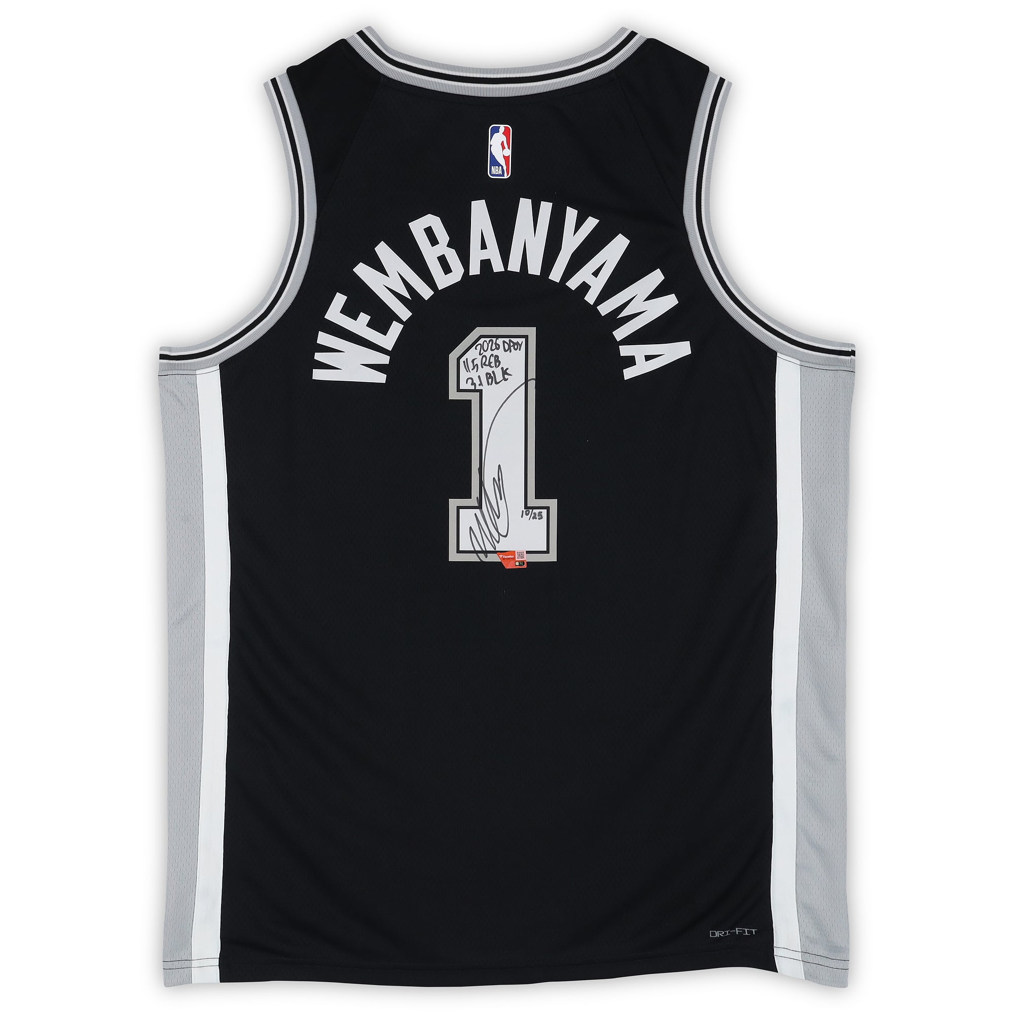 Maillot Swingman Nike Icon Edition noir autographié par Victor Wembanyama des San Antonio Spurs, avec plusieurs inscriptions - Édition limitée à 25 exemplaires