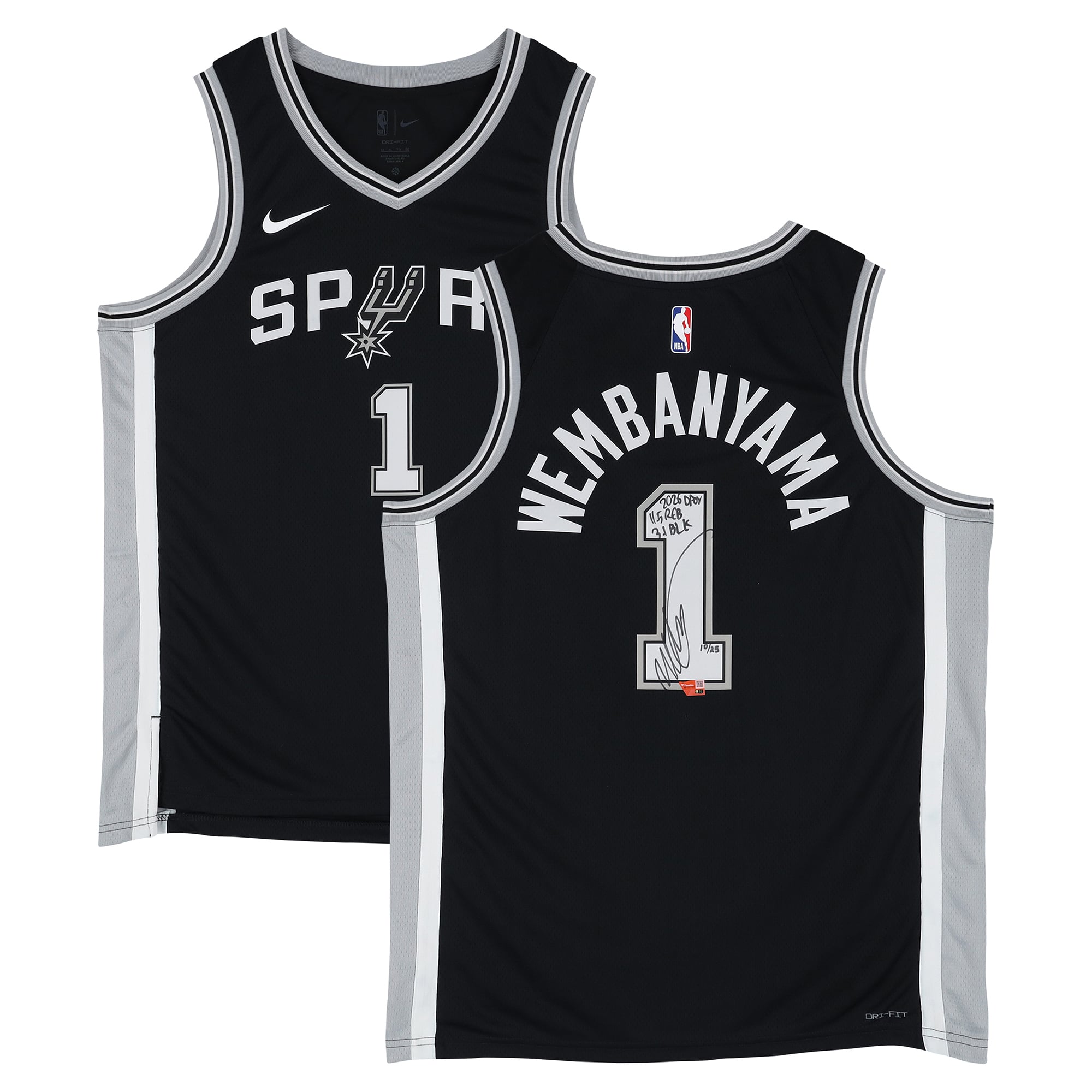 Maillot Swingman Nike Icon Edition noir autographié par Victor Wembanyama des San Antonio Spurs, avec plusieurs inscriptions - Édition limitée à 25 exemplaires