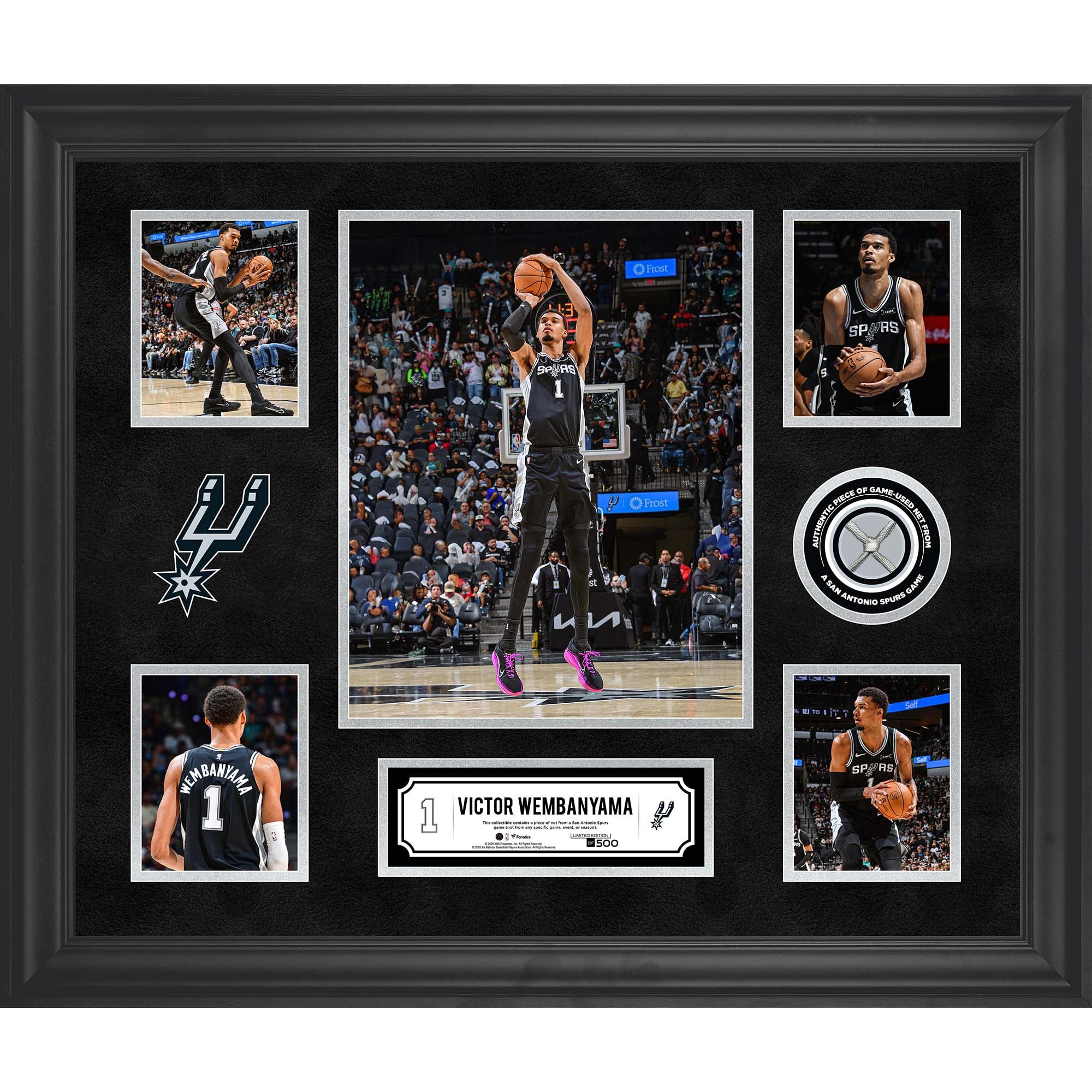 Collage encadré de 5 photos de Victor Wembanyama (San Antonio Spurs) avec un morceau de filet utilisé en match - Édition limitée à 500 exemplaires