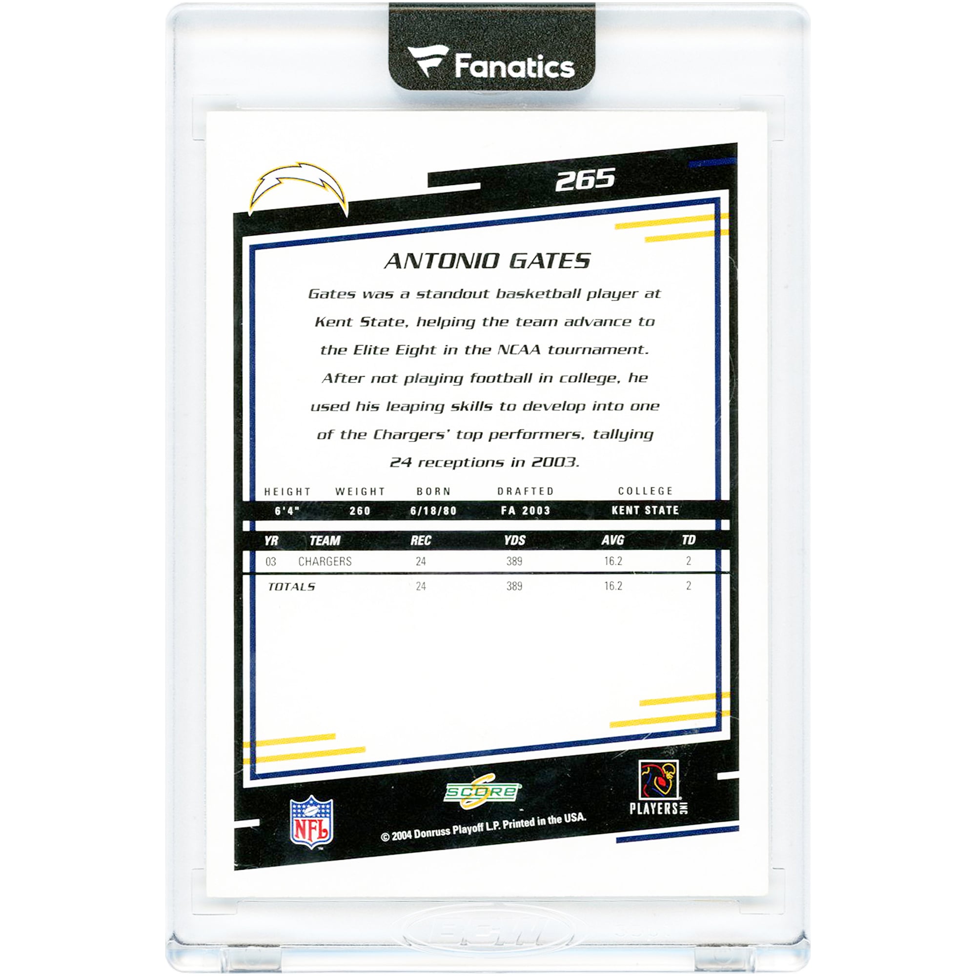 Carte autographiée d'Antonio Gates (San Diego Chargers) de 2004, Donruss/Playoff Score Inscriptions, n° 265