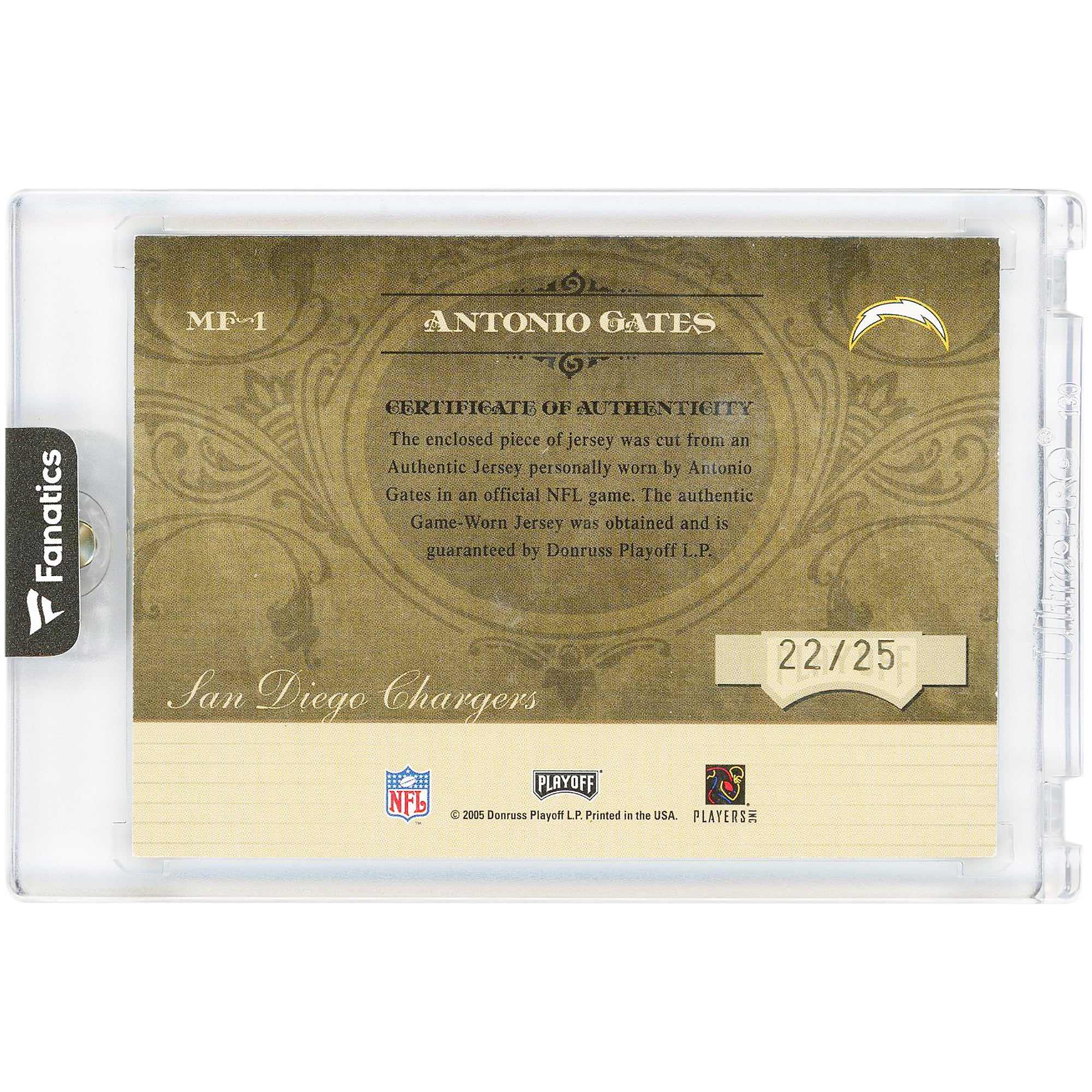 Carte autographiée par Antonio Gates des Chargers de San Diego, série éliminatoire Absolute Tri-Color 2005, utilisée en match, n° MF-1, n° 22/25