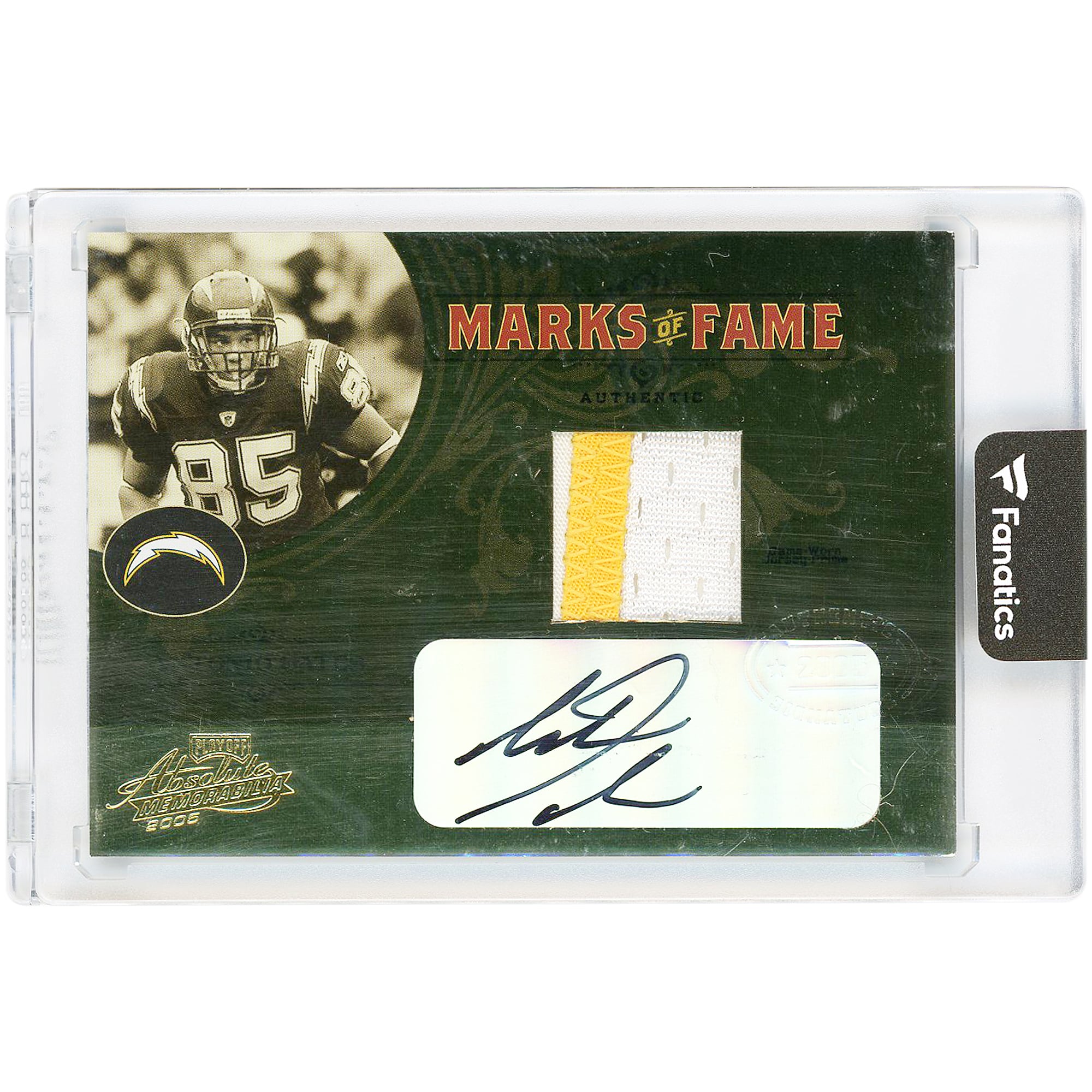 Antonio Gates San Diego Chargers Autographed 2005 Playoff Absolute Tri-Color Game Used Relic #MF-1 #22/25 Card