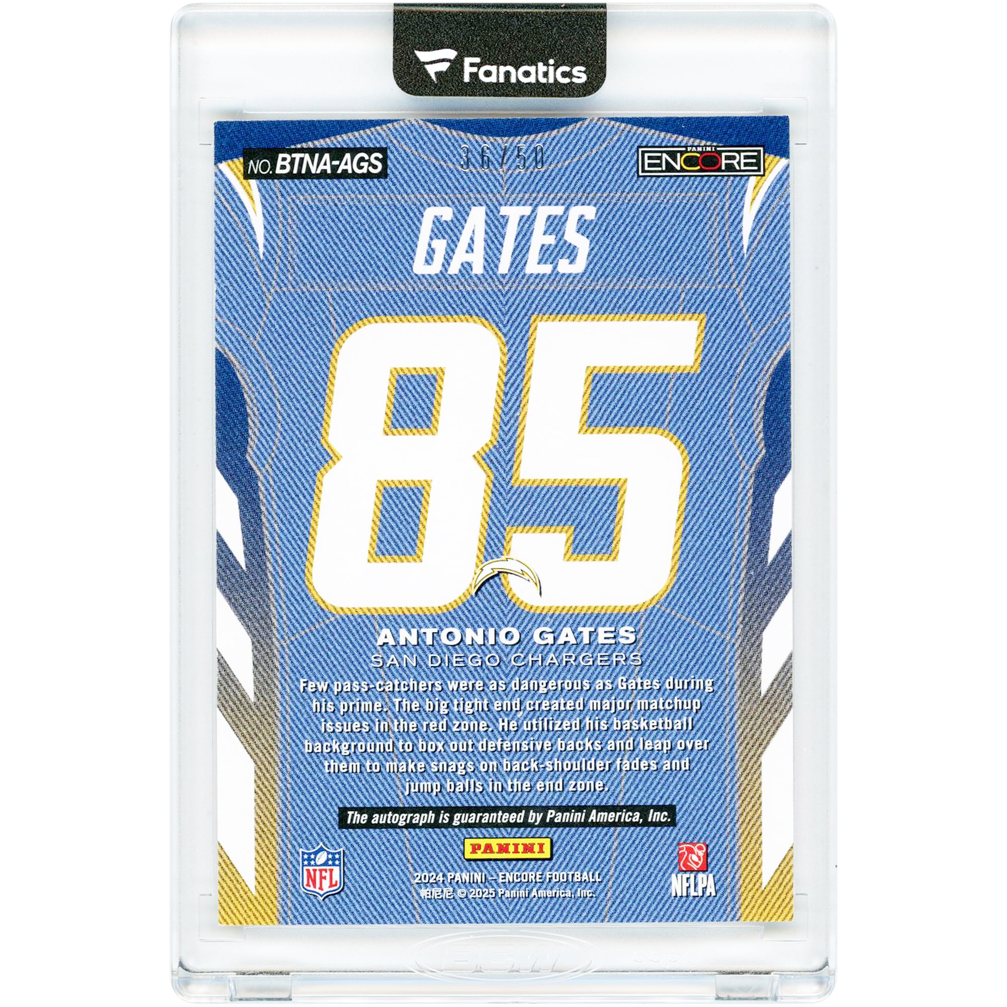 Antonio Gates San Diego Chargers Autographed 2024 Panini Encore Red Pinnacle By The Numbers #BTNA-AGS #36/50 Card