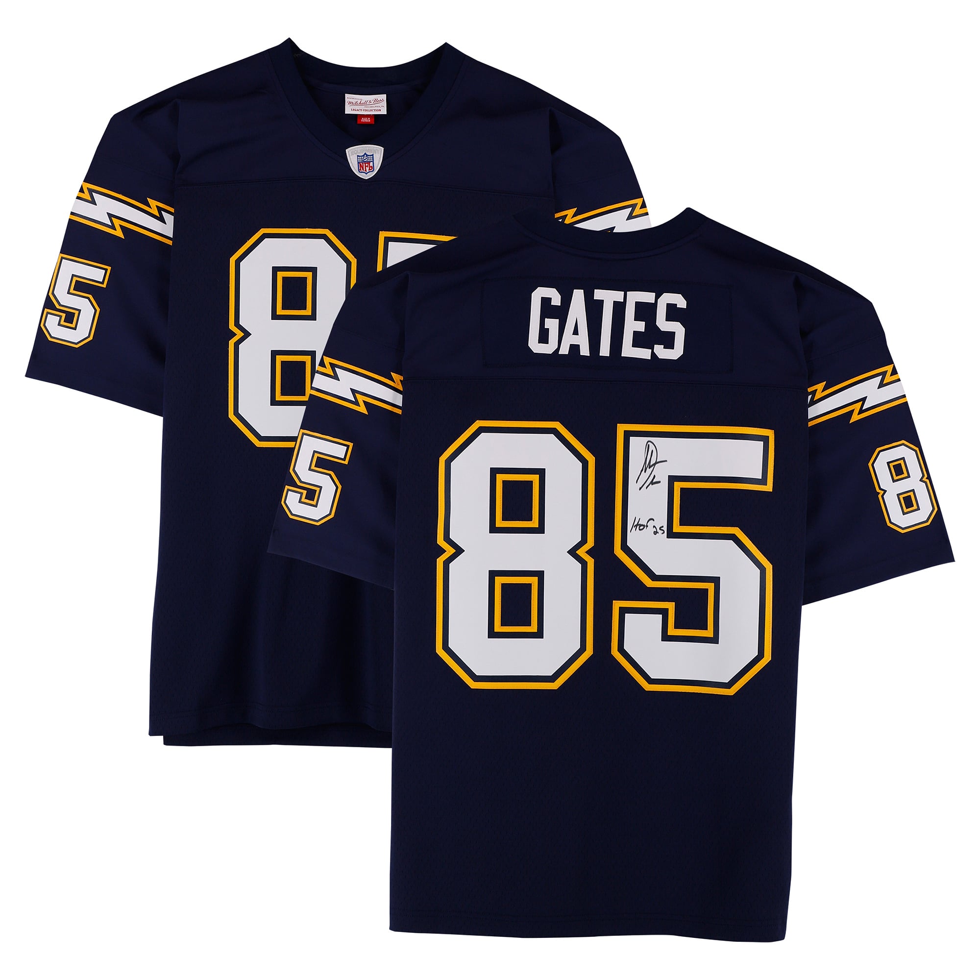 Maillot réplique Mitchell & Ness bleu marine 2006 autographié par Antonio Gates des Chargers de San Diego, avec inscription « HOF 25 ».