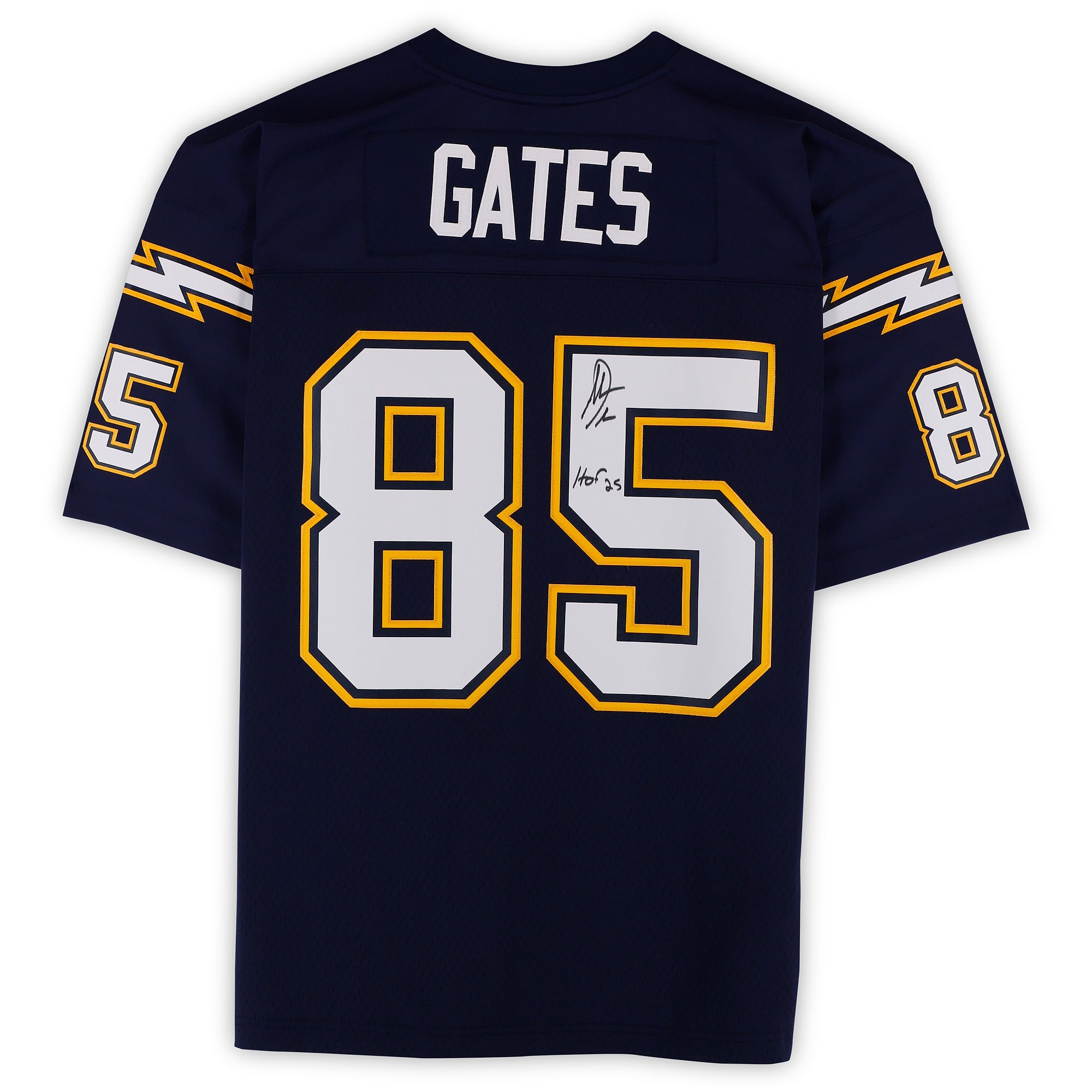 Maillot réplique Mitchell & Ness bleu marine 2006 autographié par Antonio Gates des Chargers de San Diego, avec inscription « HOF 25 ».