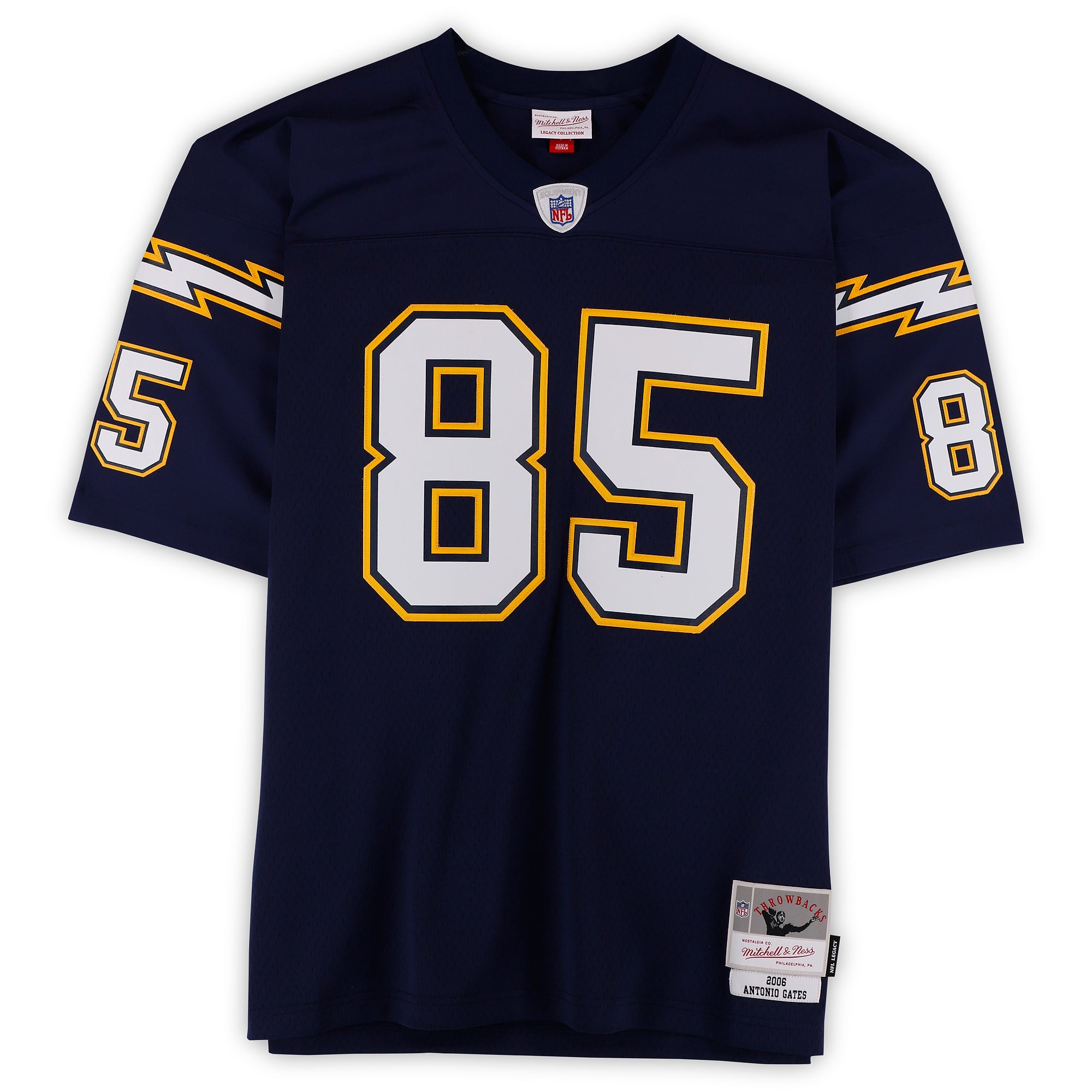 Maillot réplique Mitchell & Ness bleu marine 2006 autographié par Antonio Gates des Chargers de San Diego, avec inscription « HOF 25 ».