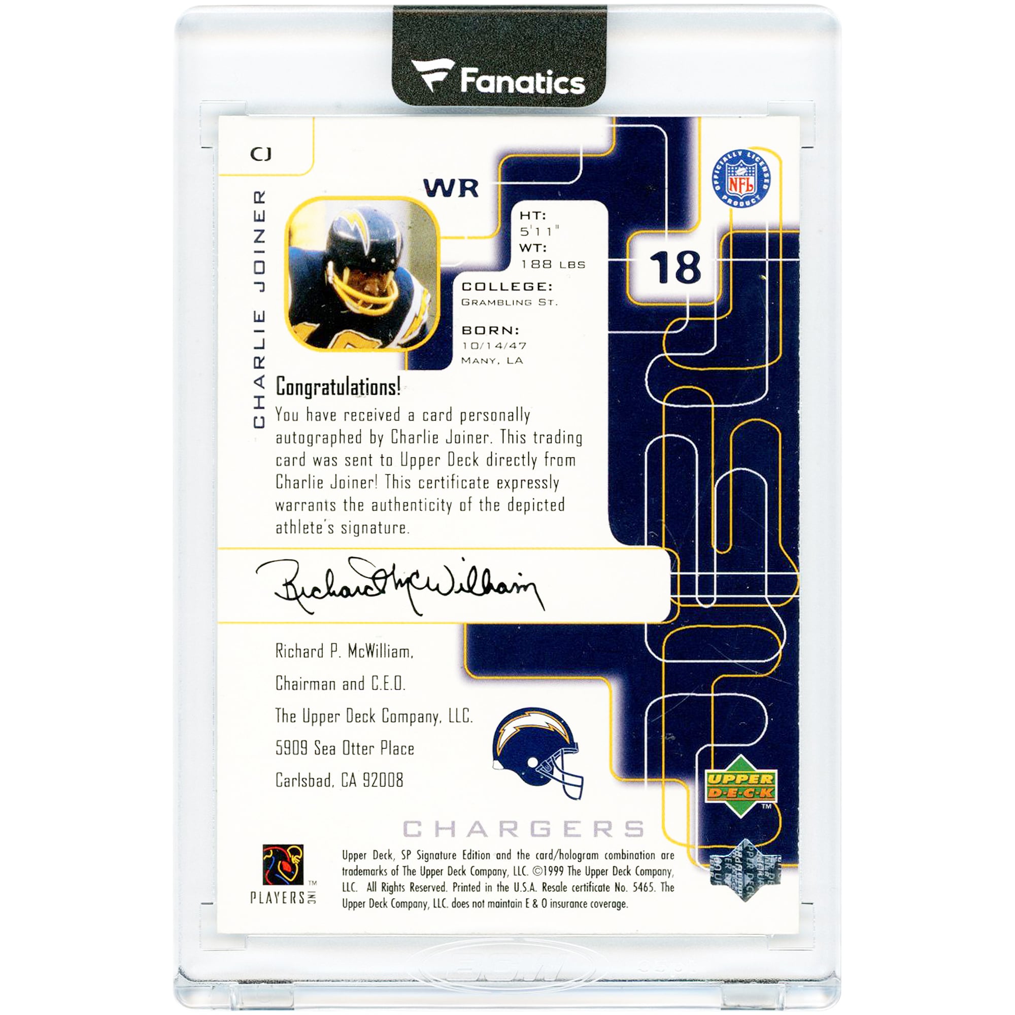 Charlie Joiner San Diego Chargers Autographed 1999 Upper Deck SP Signature Edition #CJ Card