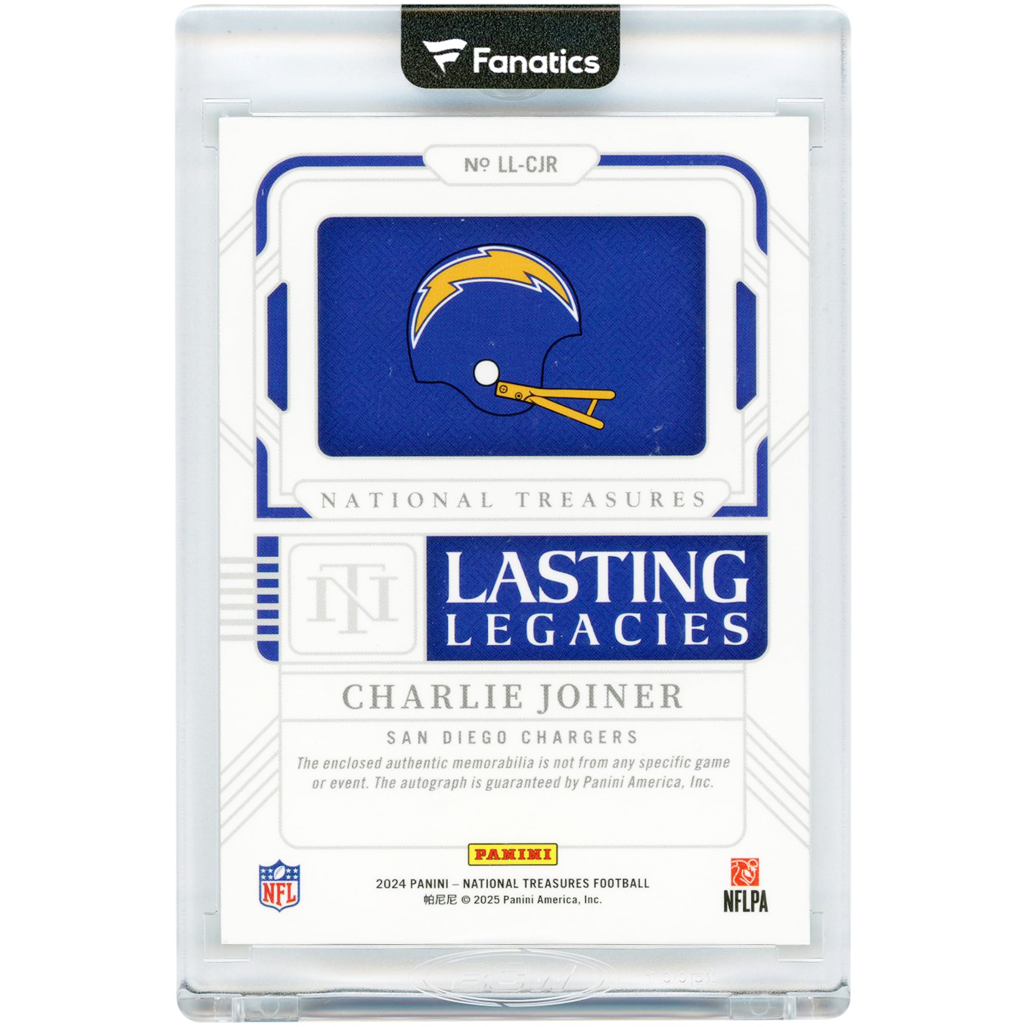 Charlie Joiner San Diego Chargers Autographed 2024 Panini National Treasures Lasting Legacies Jersey Relic #LL-CJR #8/25 Card