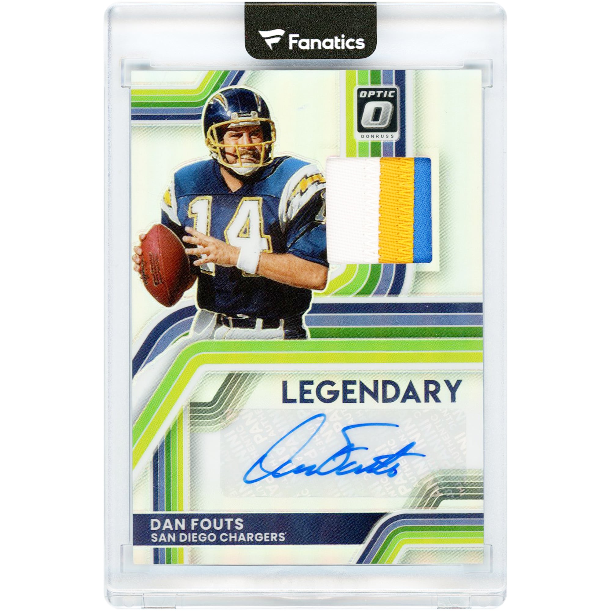Carte Panini Donruss Optic Legendary Tri-Color Jersey Relic 2025 autographiée par Dan Fouts (San Diego Chargers) #LPA-DF #19/35