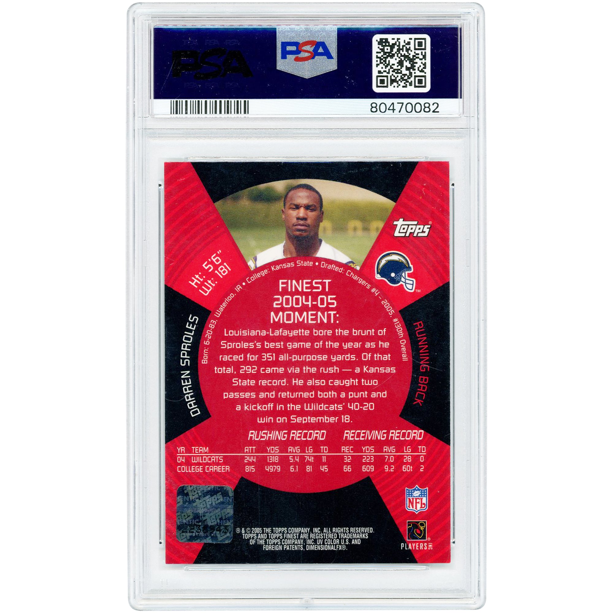Darren Sproles San Diego Chargers Autographed 2005 Topps Finest #NNO PSA Authenticated 7 Rookie Card