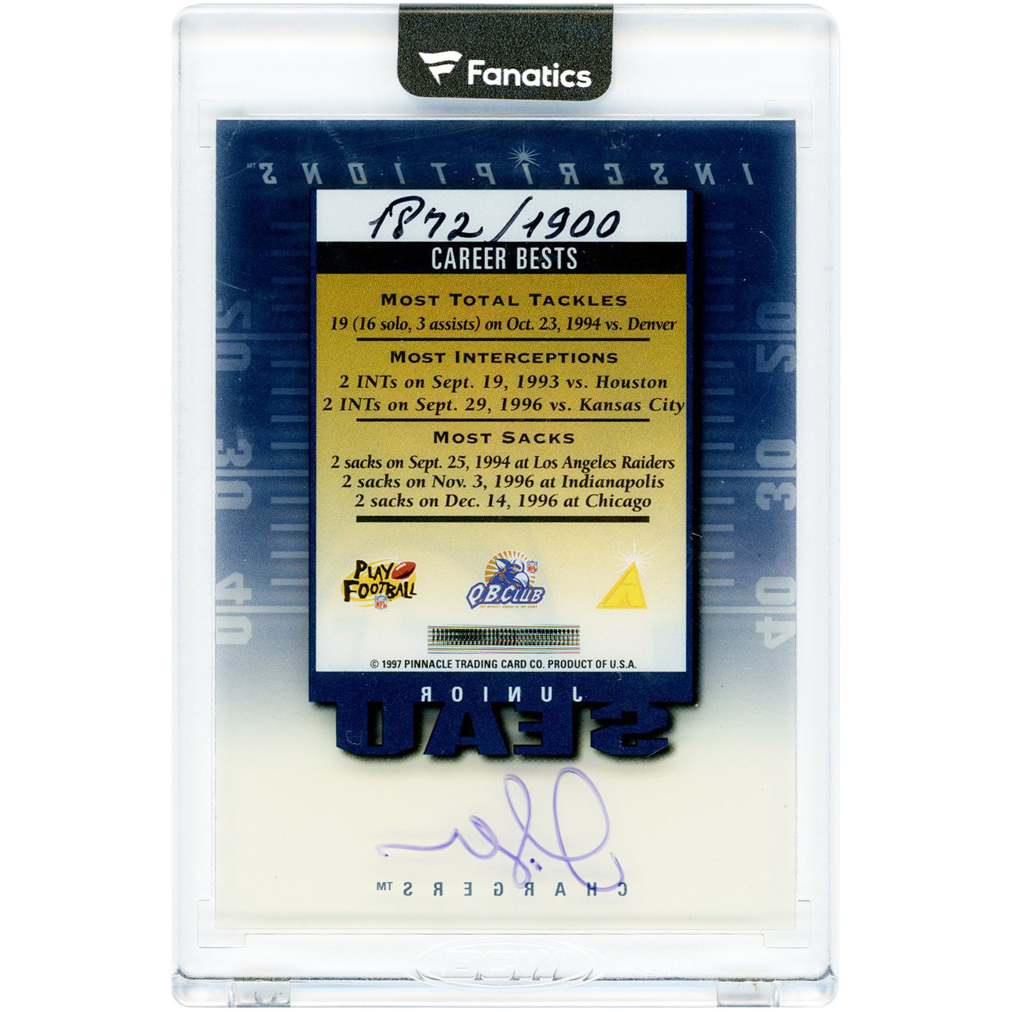 Carte autographiée de Junior Seau, San Diego Chargers, 1997, Pinnacle Inscriptions #NNO #1872/1900
