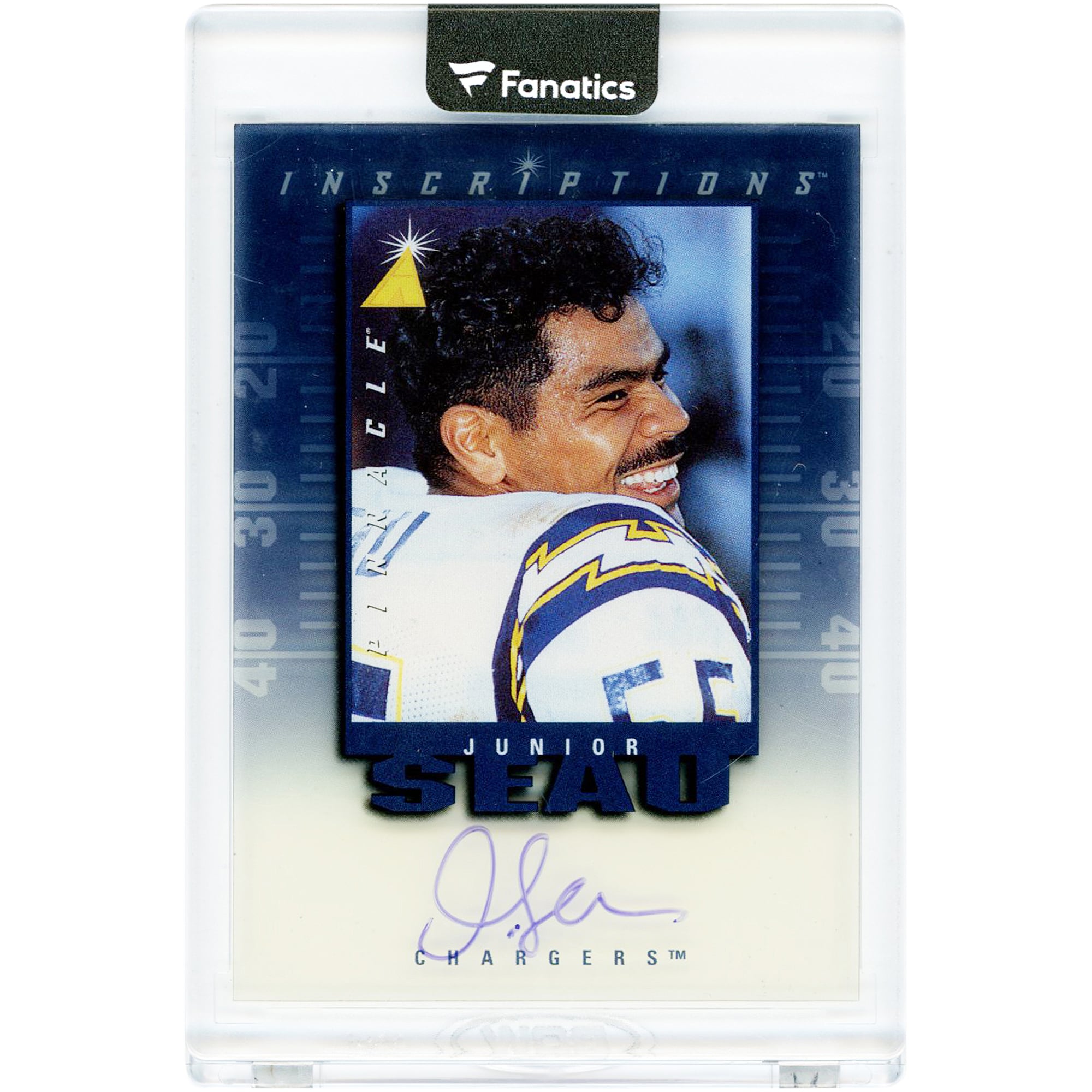 Carte autographiée de Junior Seau, San Diego Chargers, 1997, Pinnacle Inscriptions #NNO #1872/1900