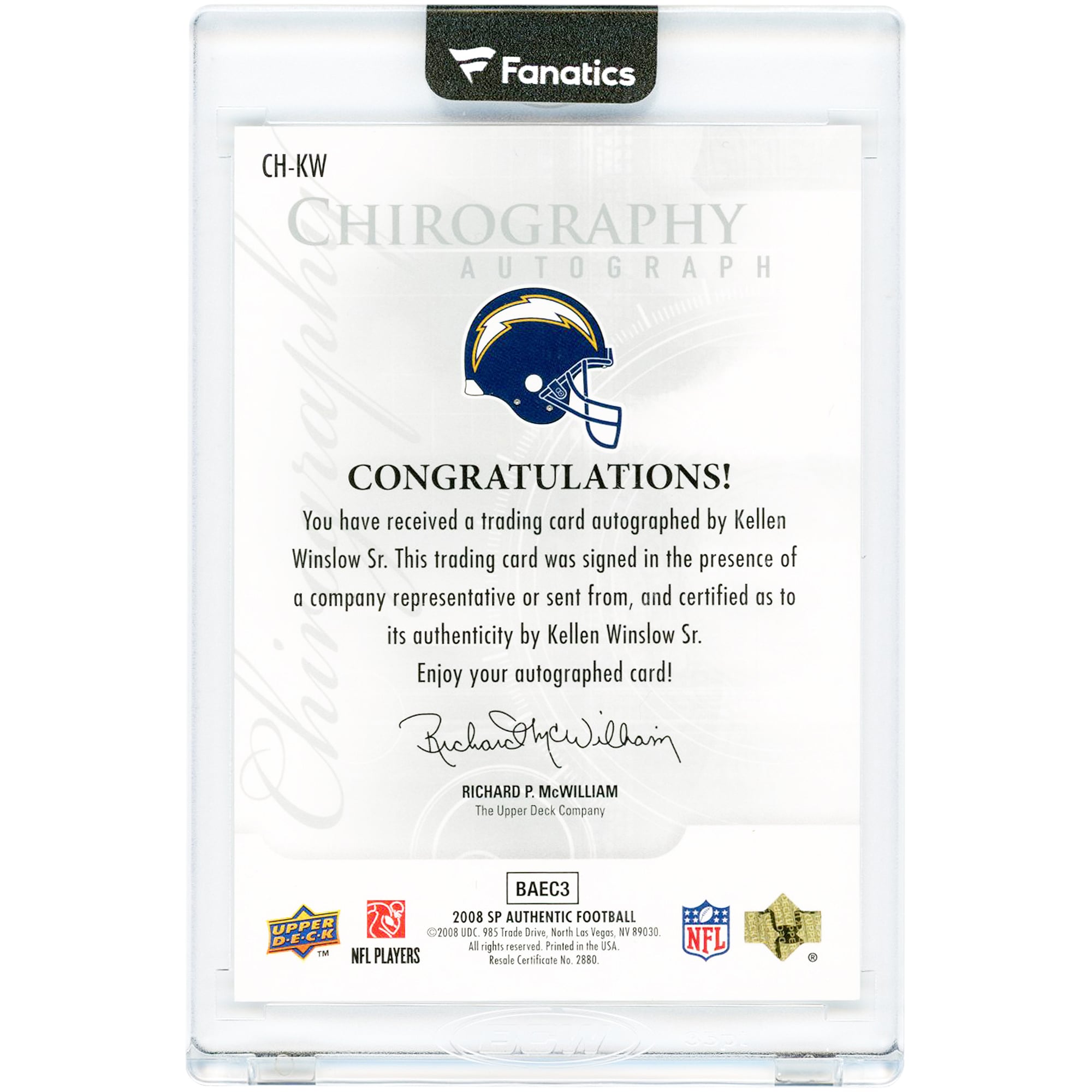 Kellen Winslow San Diego Chargers Autographed 2008 Upper Deck SP Authentic Chirography #CH-KW Card