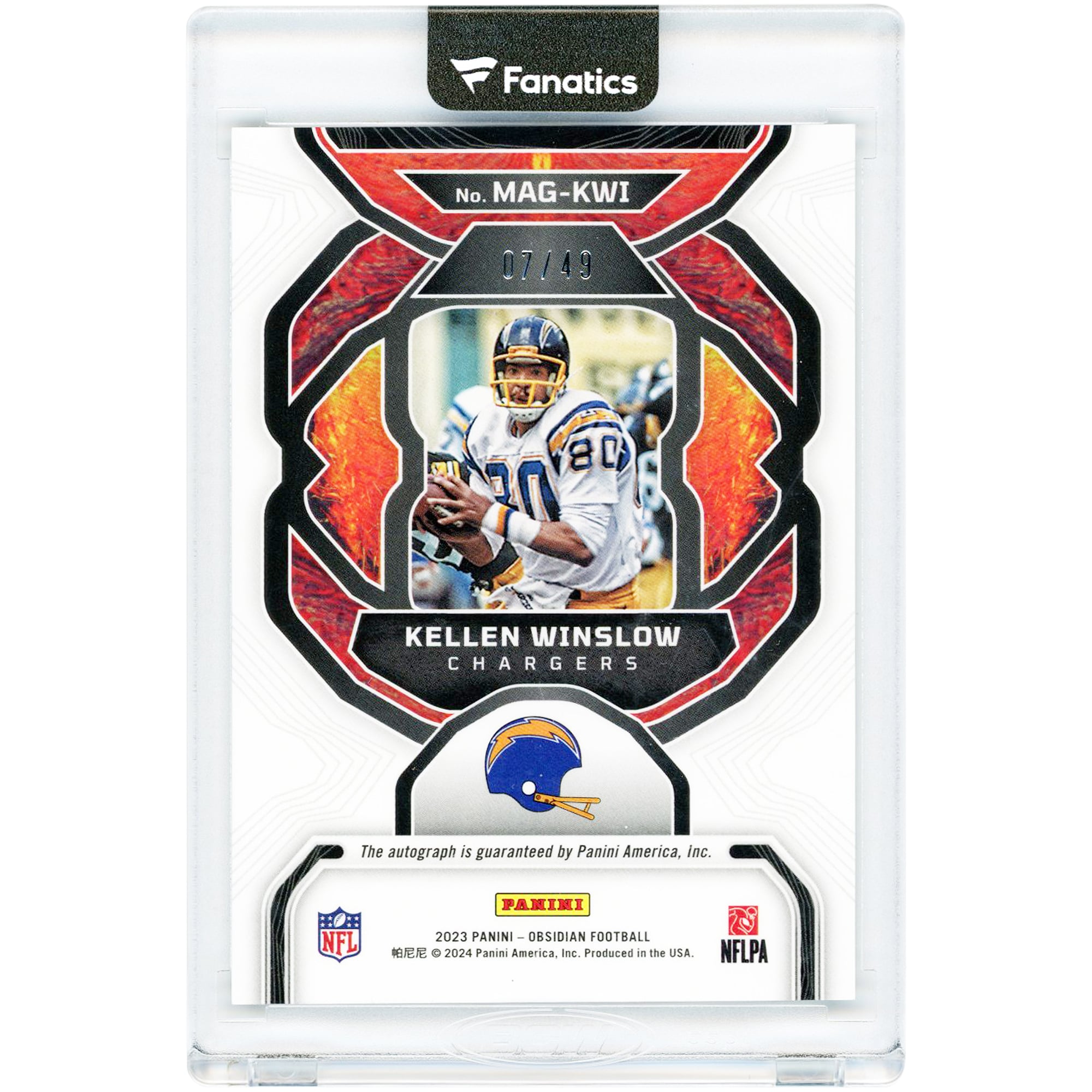 Carte autographiée de Kellen Winslow (San Diego Chargers) - Panini Obsidian Magmatic 2023 #MAG-KWI #7/49