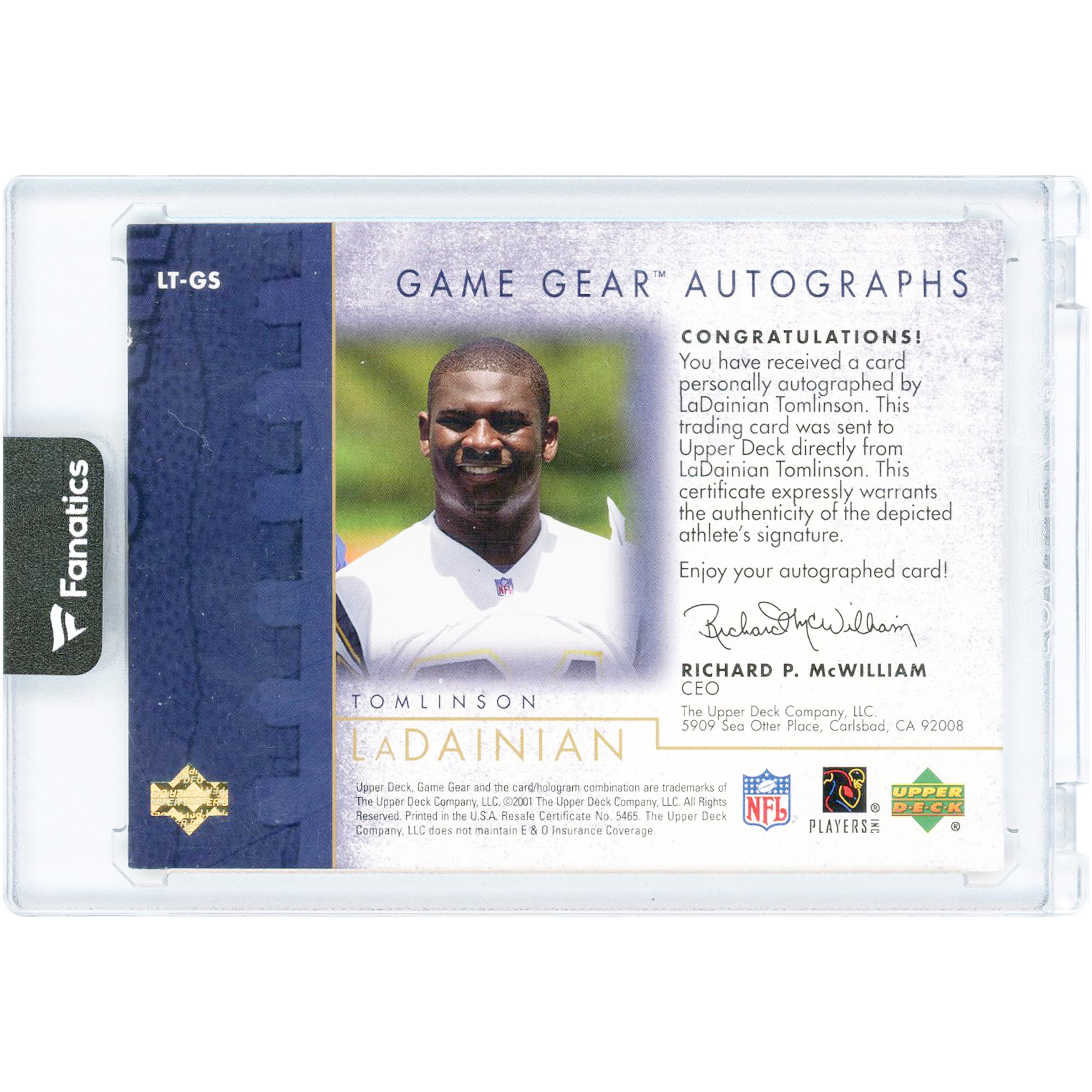 Carte autographiée par LaDainian Tomlinson des Chargers de San Diego (Upper Deck Game Gear 2001, n° LT-GS)