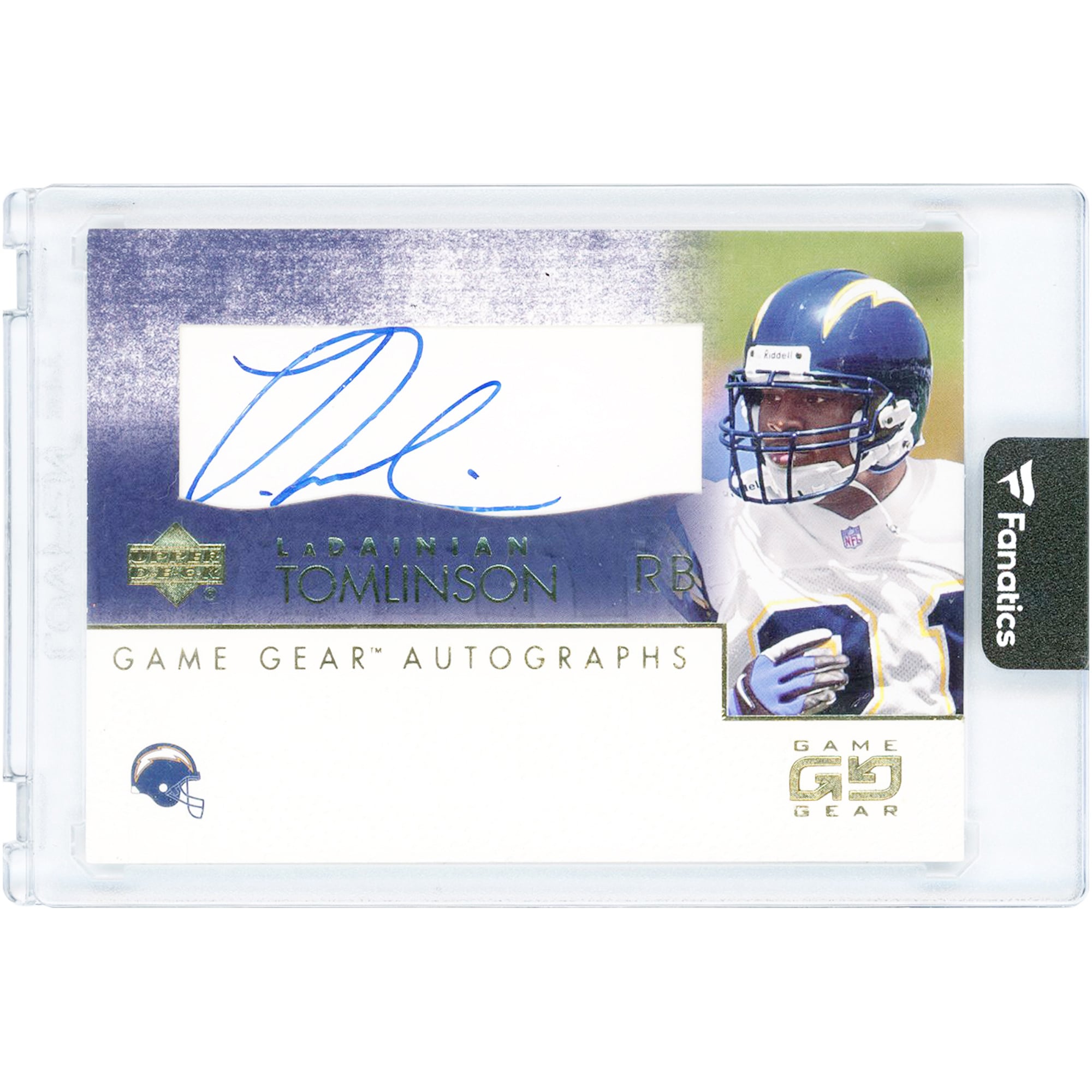 Carte autographiée par LaDainian Tomlinson des Chargers de San Diego (Upper Deck Game Gear 2001, n° LT-GS)