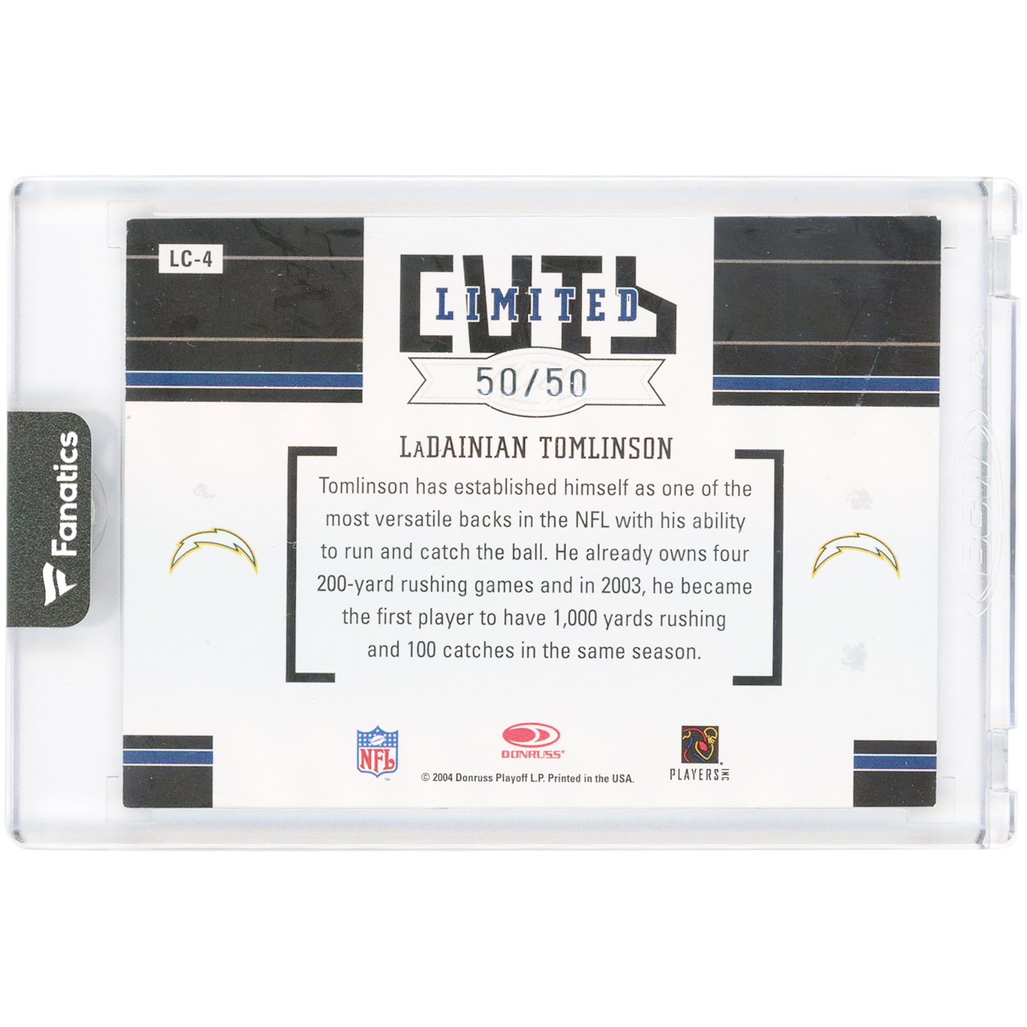 Carte autographiée par LaDainian Tomlinson des Chargers de San Diego, édition limitée Donruss Leaf 2004, numéro LC-4, numéro 50/50