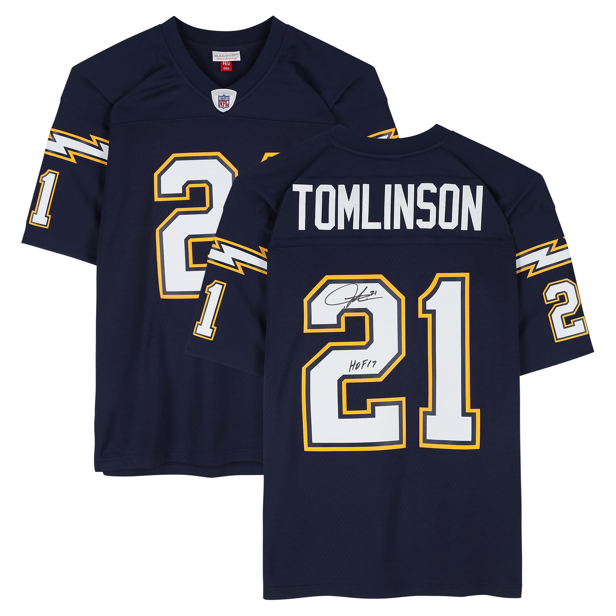 Maillot réplique Mitchell & Ness bleu marine autographié par Ladainian Tomlinson des Chargers de San Diego avec inscription « HOF 17 »
