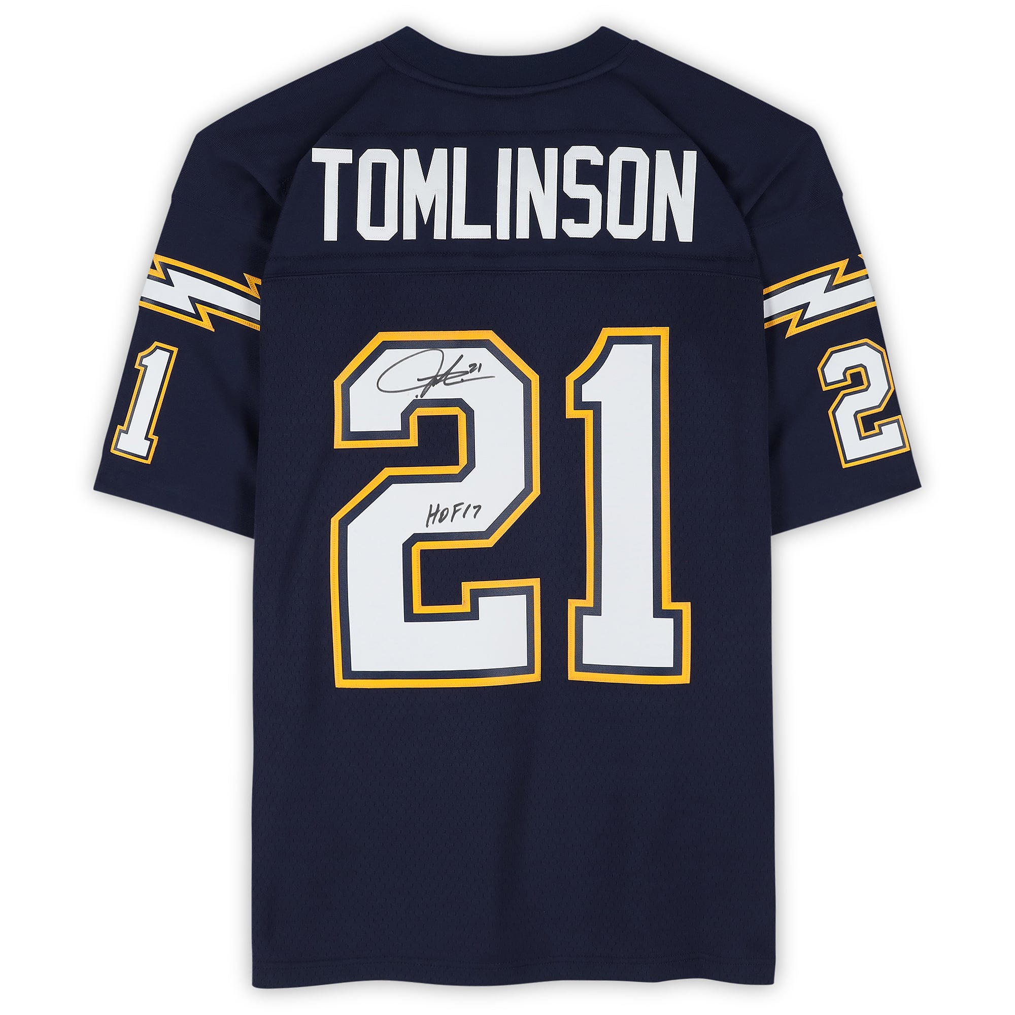 Maillot réplique Mitchell & Ness bleu marine autographié par Ladainian Tomlinson des Chargers de San Diego avec inscription « HOF 17 »