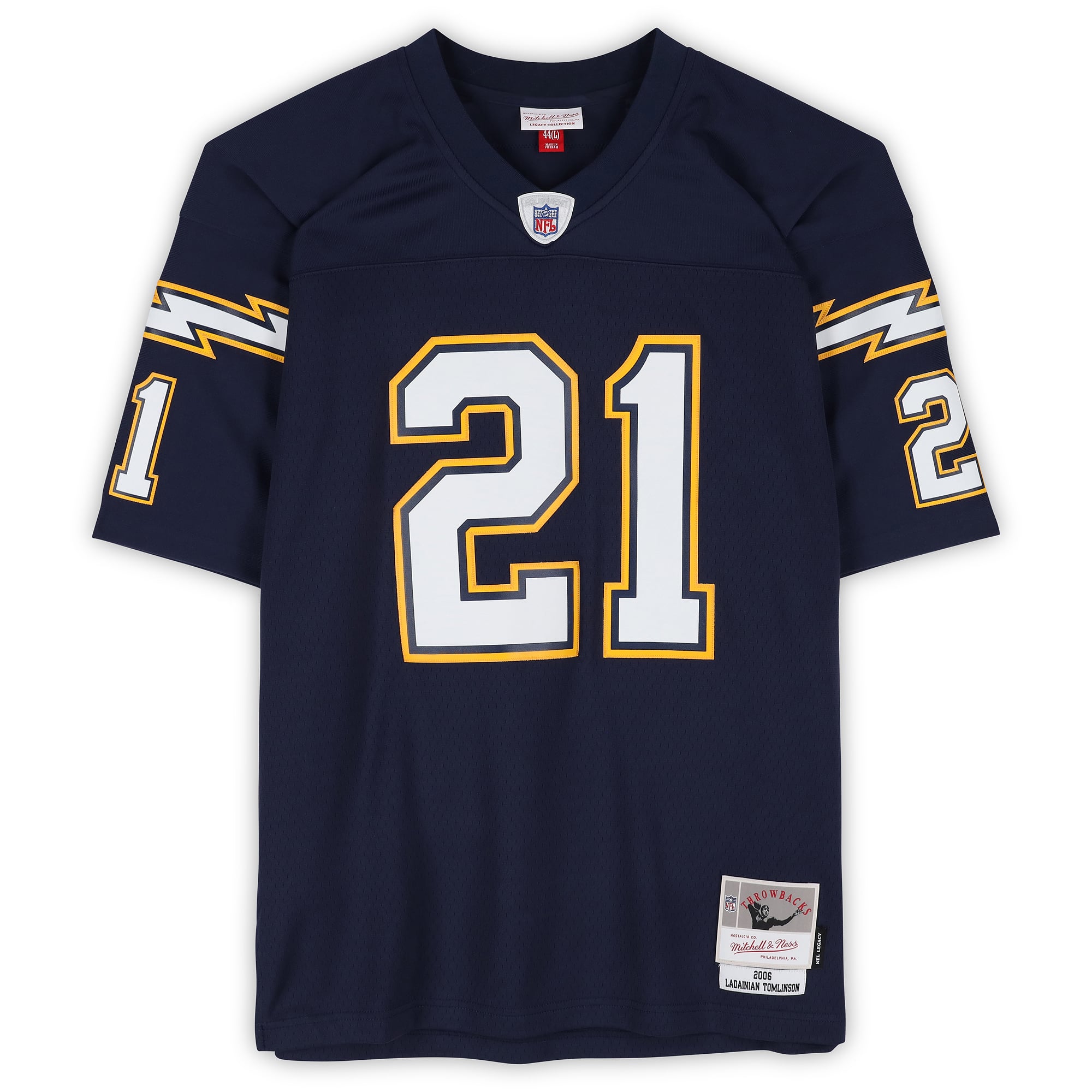 Maillot réplique Mitchell & Ness bleu marine autographié par Ladainian Tomlinson des Chargers de San Diego avec inscription « HOF 17 »
