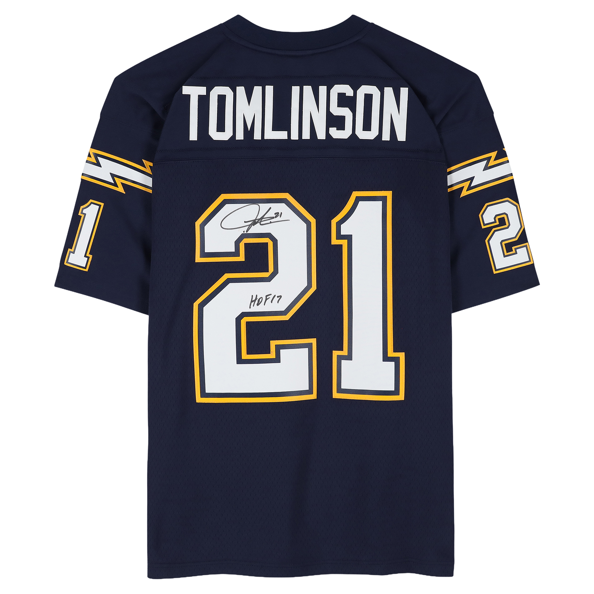 Maillot réplique Mitchell & Ness bleu marine autographié par Ladainian Tomlinson des Chargers de San Diego avec inscription « HOF 17 »