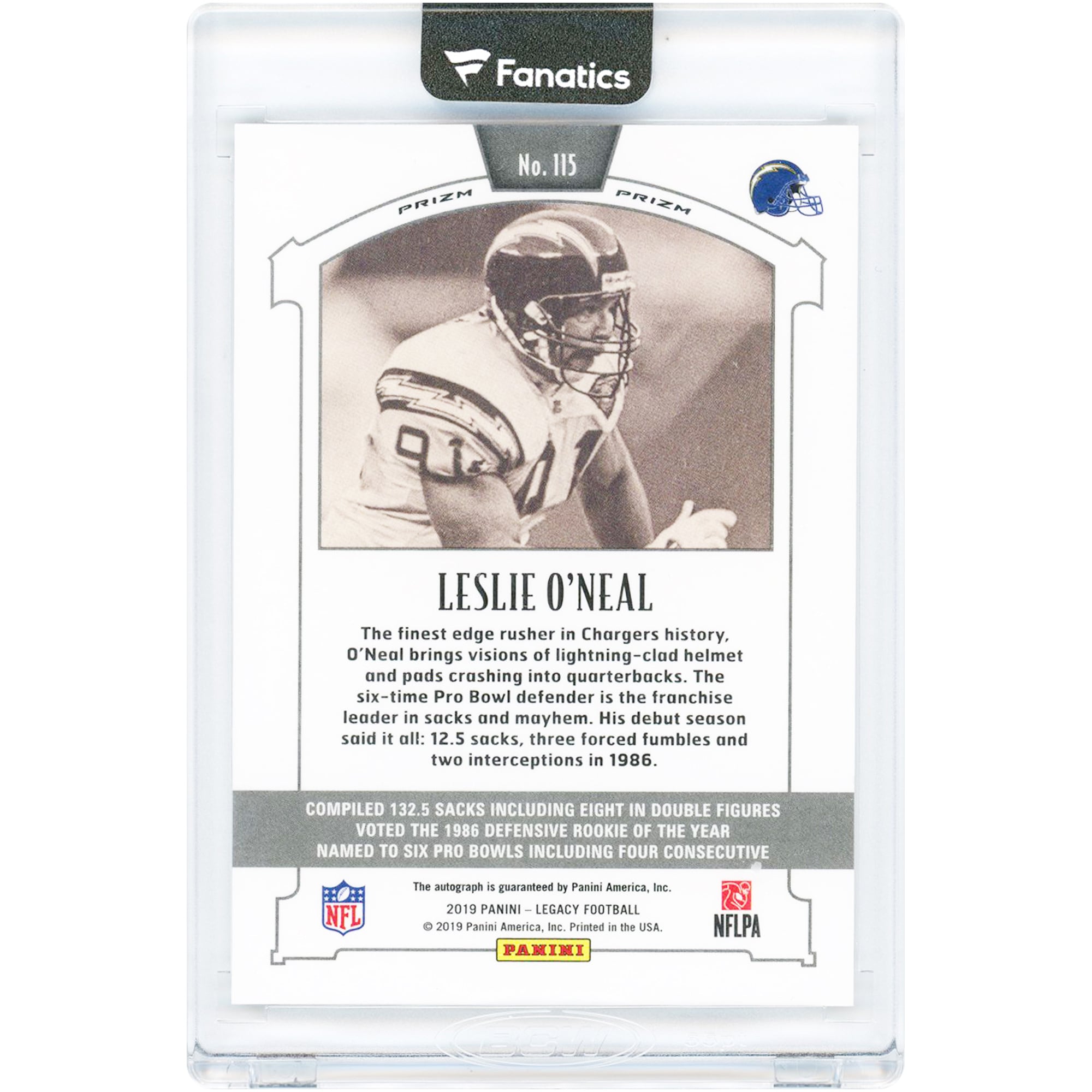 Leslie O'Neal San Diego Chargers Autographed 2019 Panini Legacy Legends Premium Penmanship #115 Card