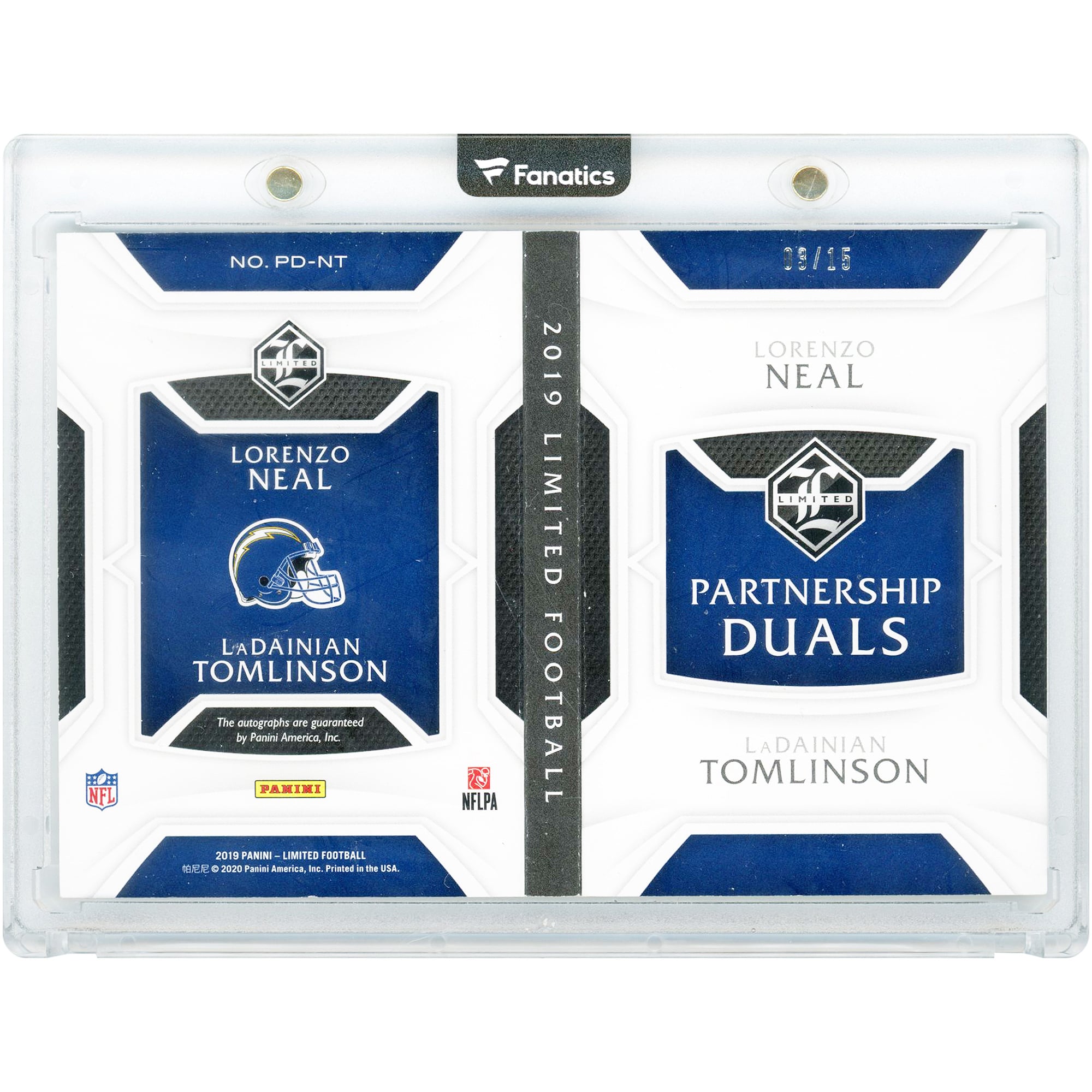 Carte autographiée de Lorenzo Neal et LaDainian Tomlinson (San Diego Chargers), collection Panini Limited Partnership Duals 2019, n° PD-NT, n° 3/15