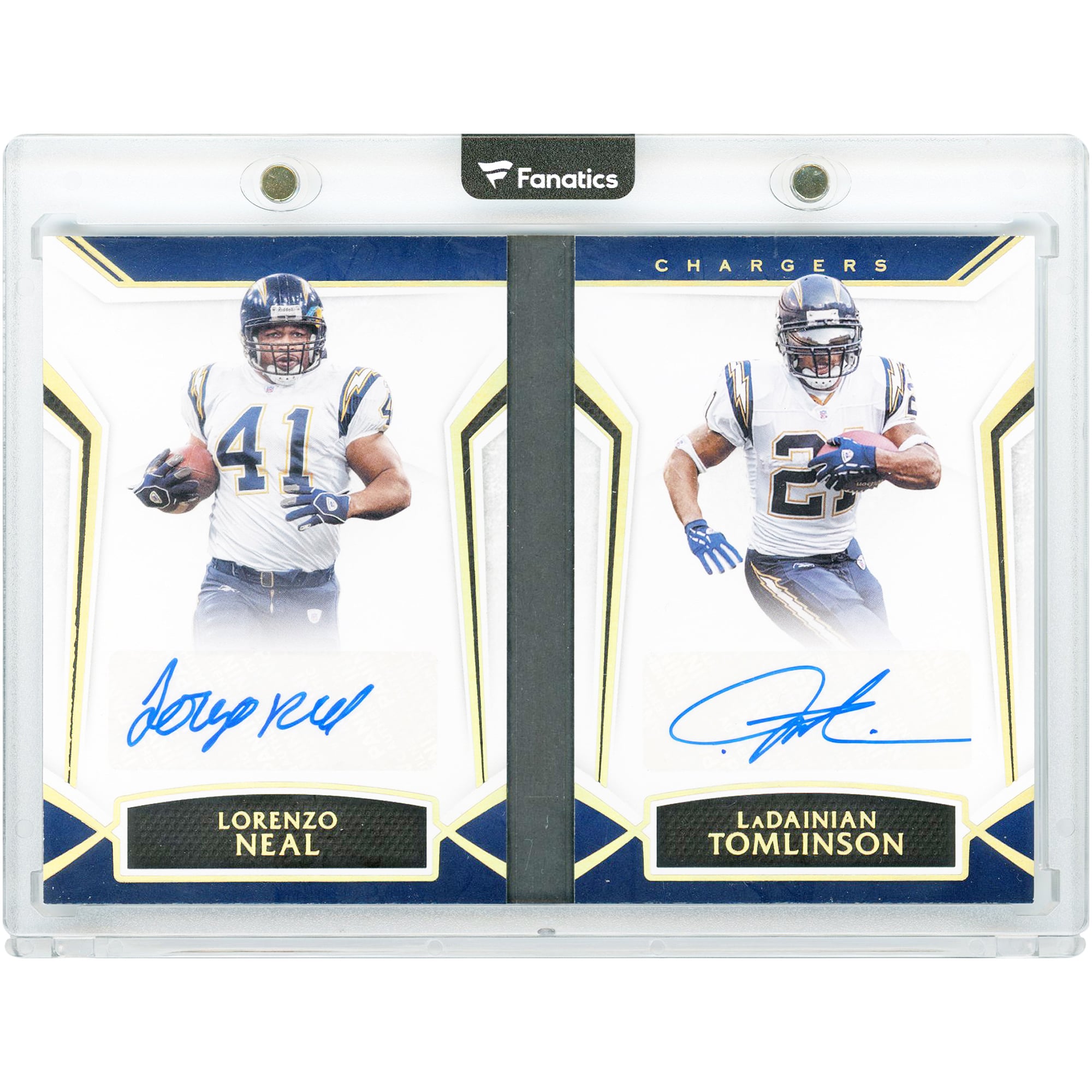 Carte autographiée de Lorenzo Neal et LaDainian Tomlinson (San Diego Chargers), collection Panini Limited Partnership Duals 2019, n° PD-NT, n° 3/15